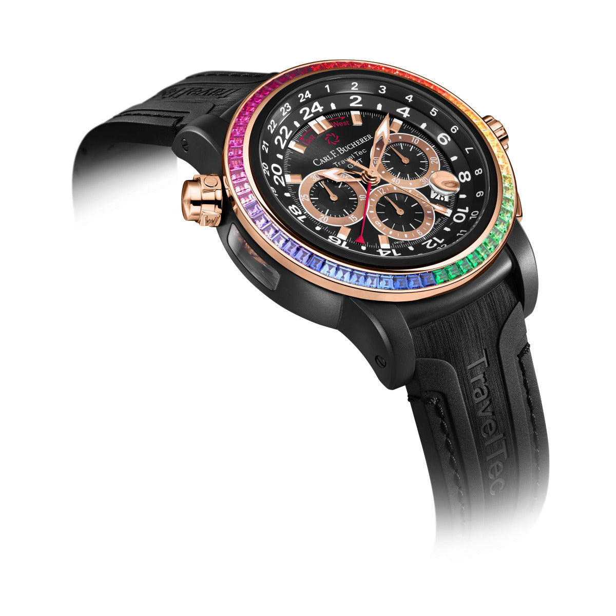 Carl F. Bucherer Patravi Traveltec Paradise Chronograph  DLC Stainless steel & 18K rose gold bezel & Tsavorites & Sapphires & Rubies Men's Watch - Premium Luxury Product