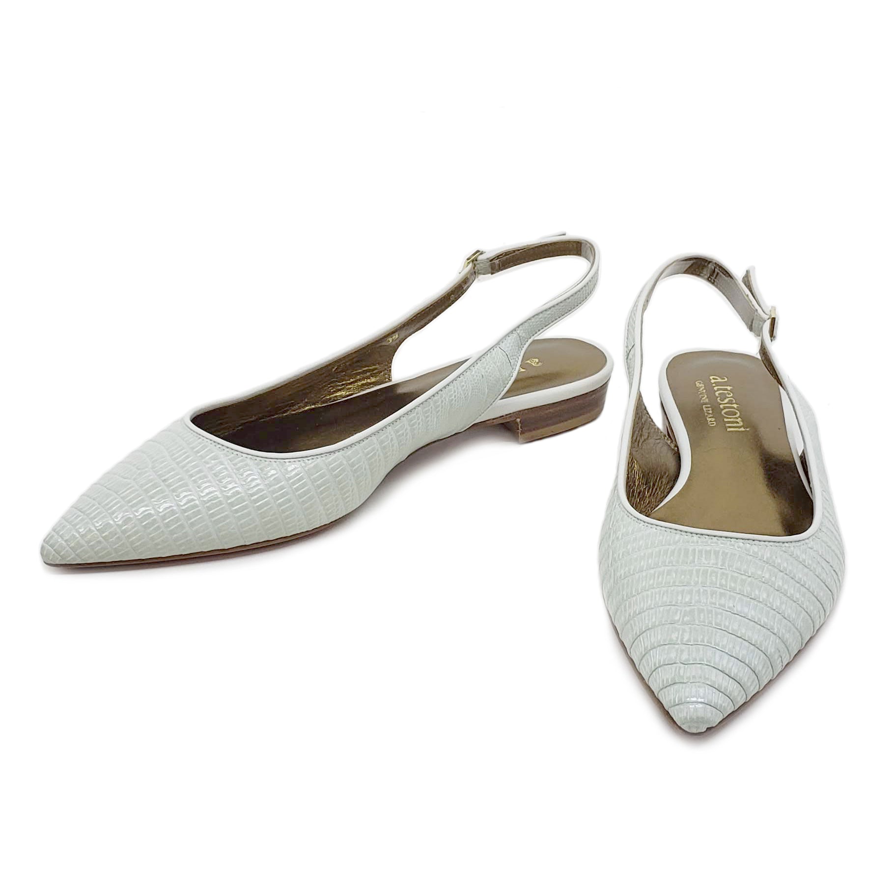Testoni White Lizard Lady's Flat Shoes
