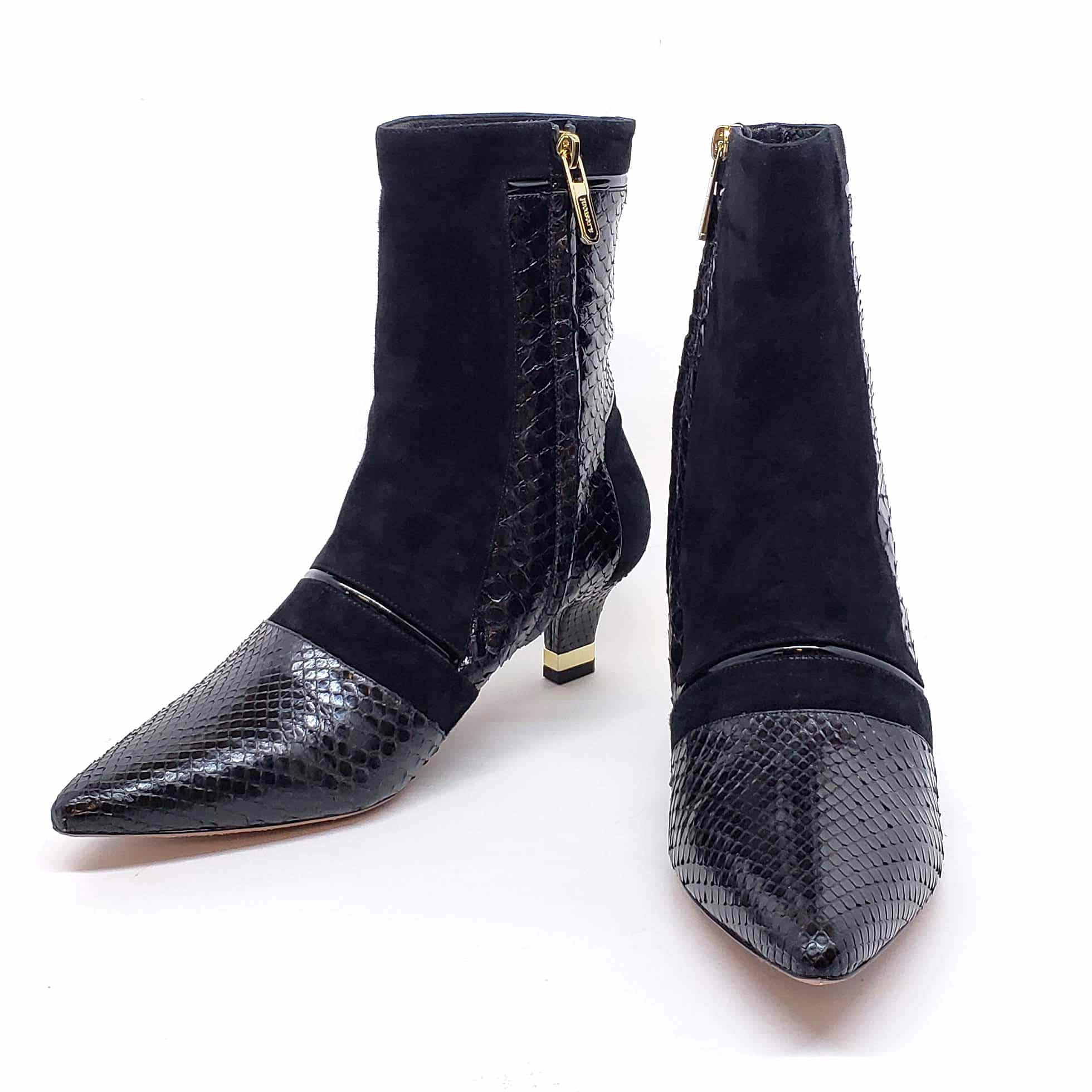 Testoni Black Shiny Python and Suede Lady’s Short Boots