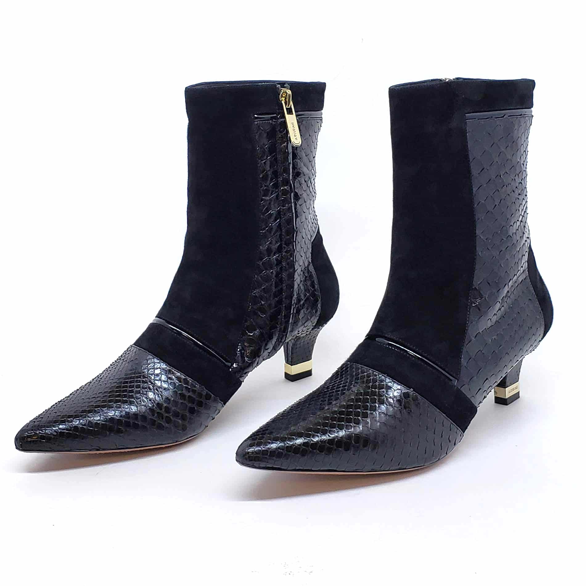 Testoni Black Shiny Python and Suede Lady’s Short Boots