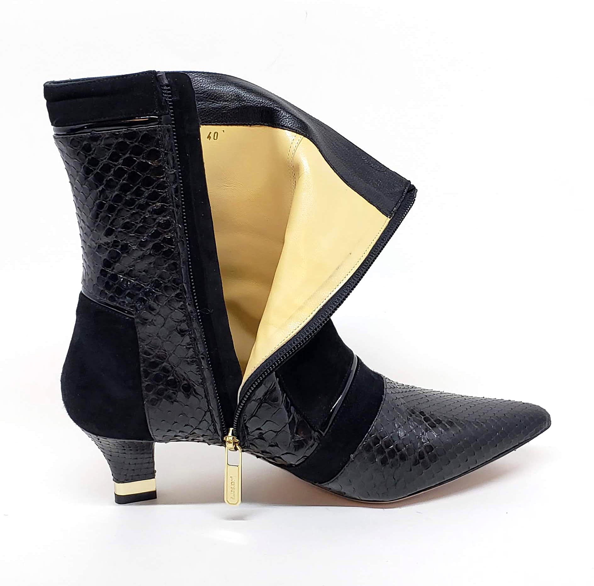 Testoni Black Shiny Python and Suede Lady’s Short Boots