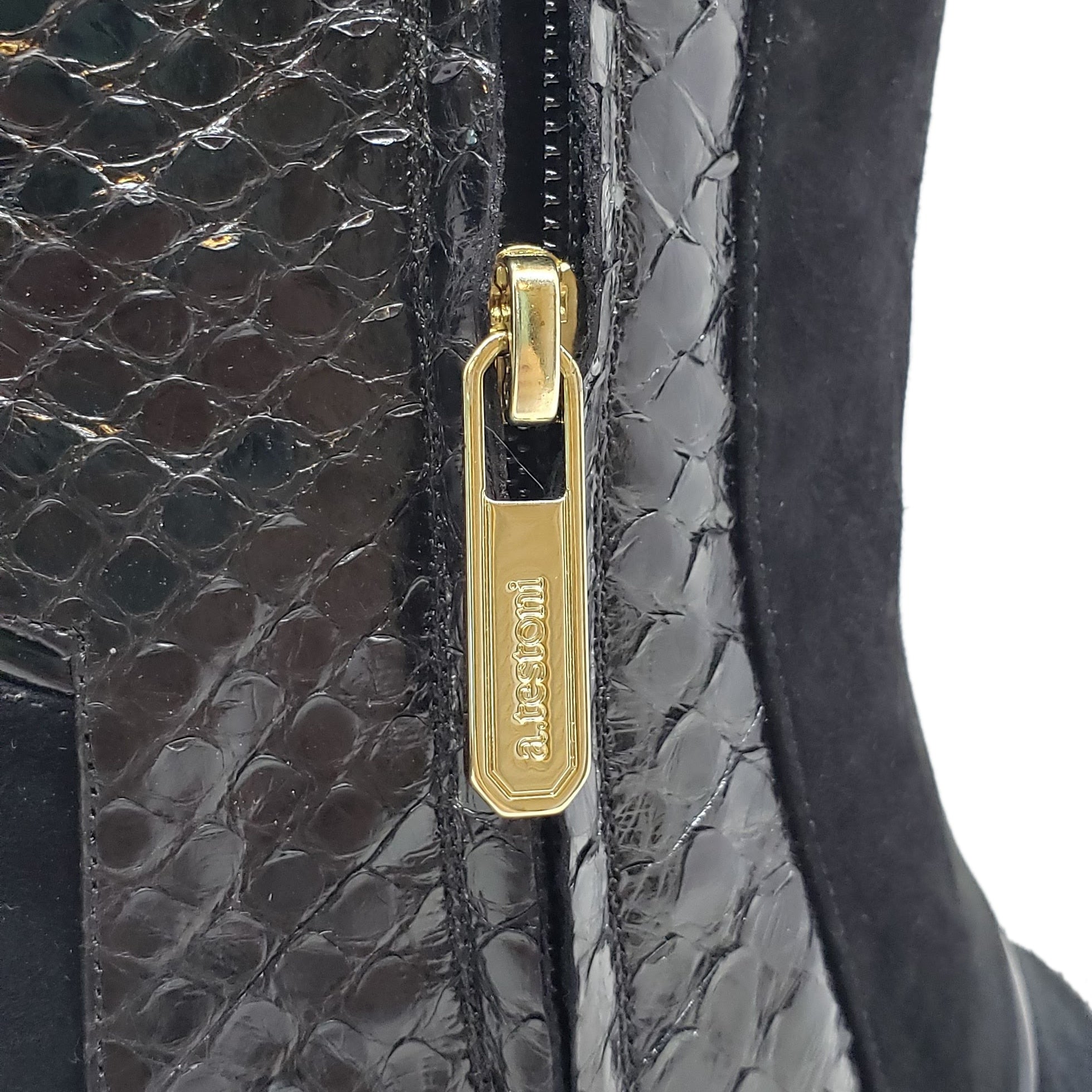 Testoni Black Shiny Python and Suede Lady's Short Boots