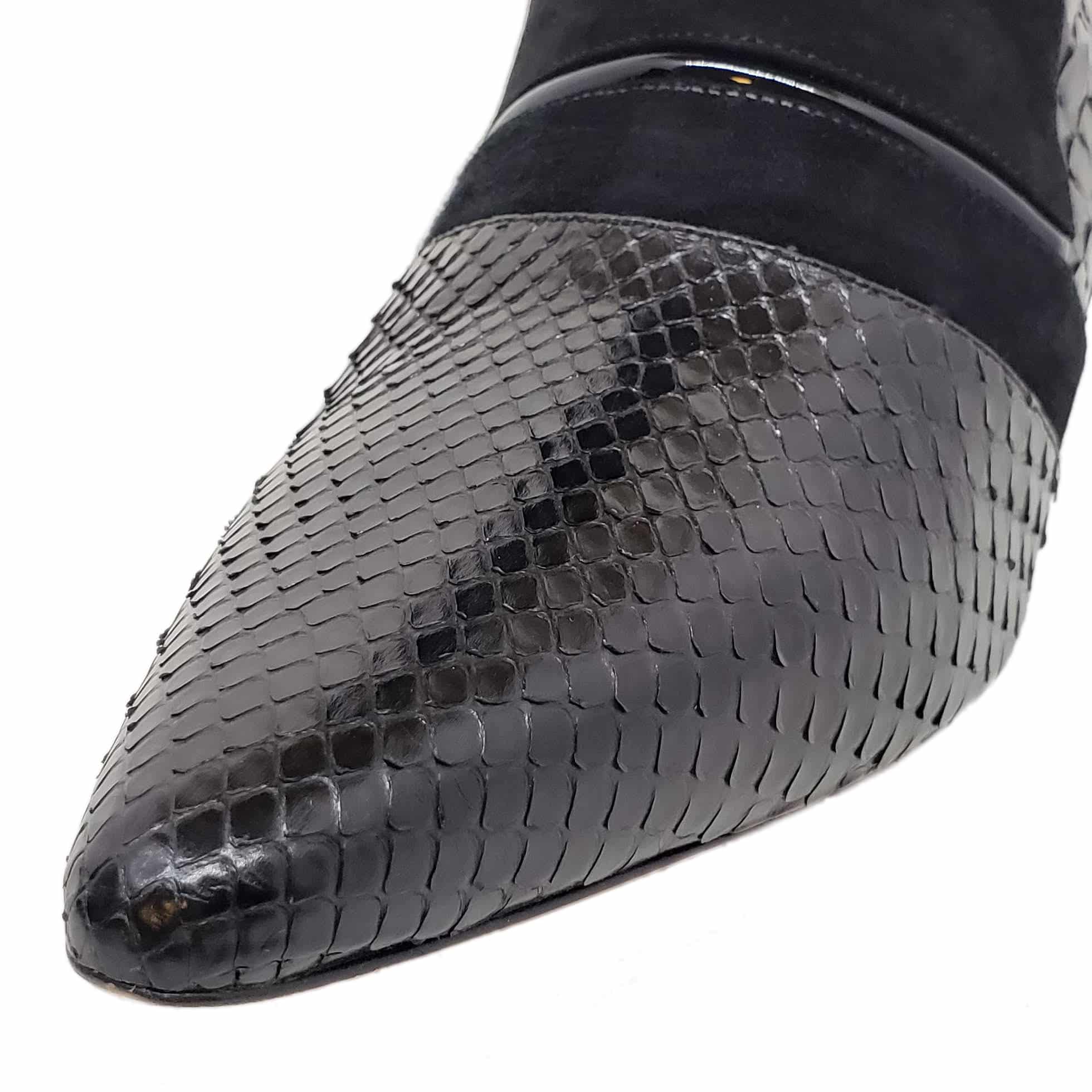 Testoni Black Shiny Python and Suede Lady's Short Boots