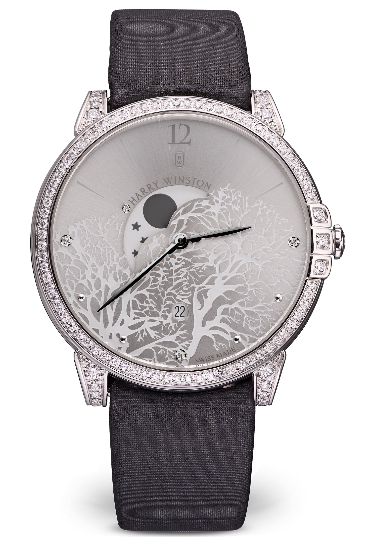 Harry Winston Midnight Moon Phase 18K White Gold & Diamonds Ladies Watch