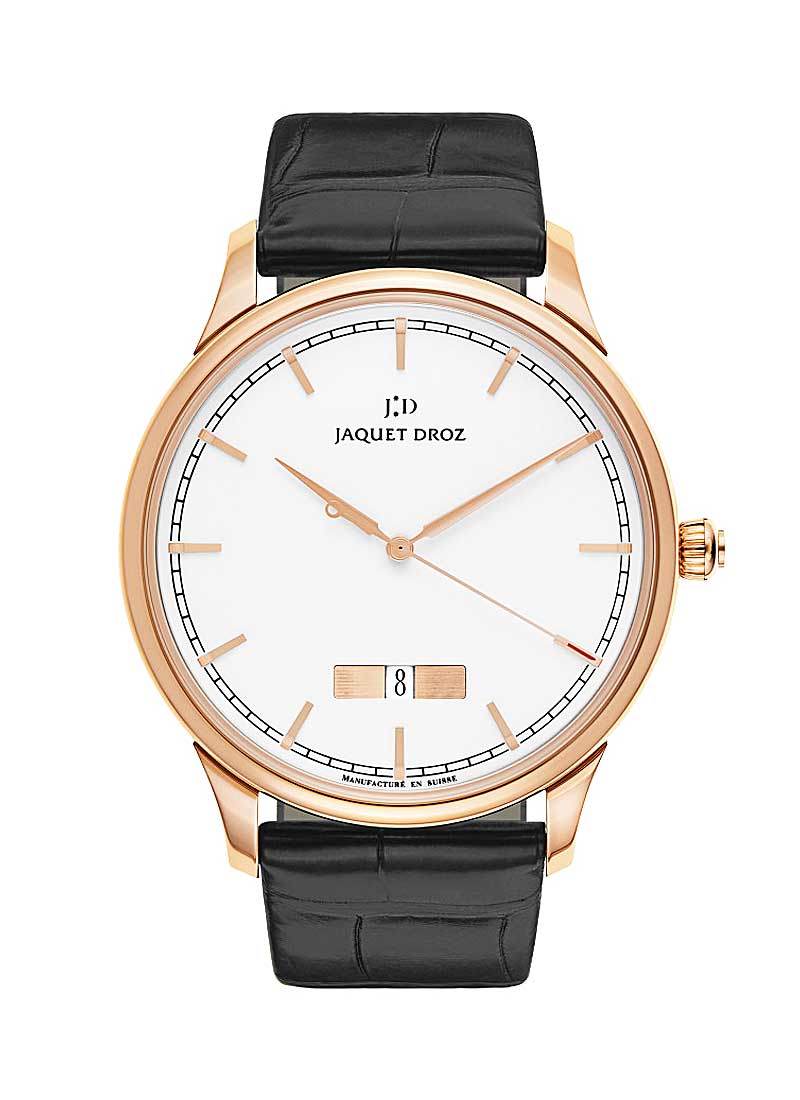 Jaquet Droz Grande Heure Minute Quantieme Ivory Enamel 18K Rose Gold Men`s Watch