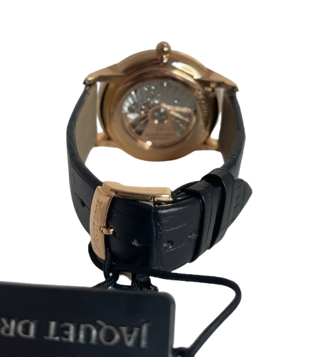 Jaquet Droz Grande Heure Minute Quantieme Ivory Enamel 18K Rose Gold Men`s Watch