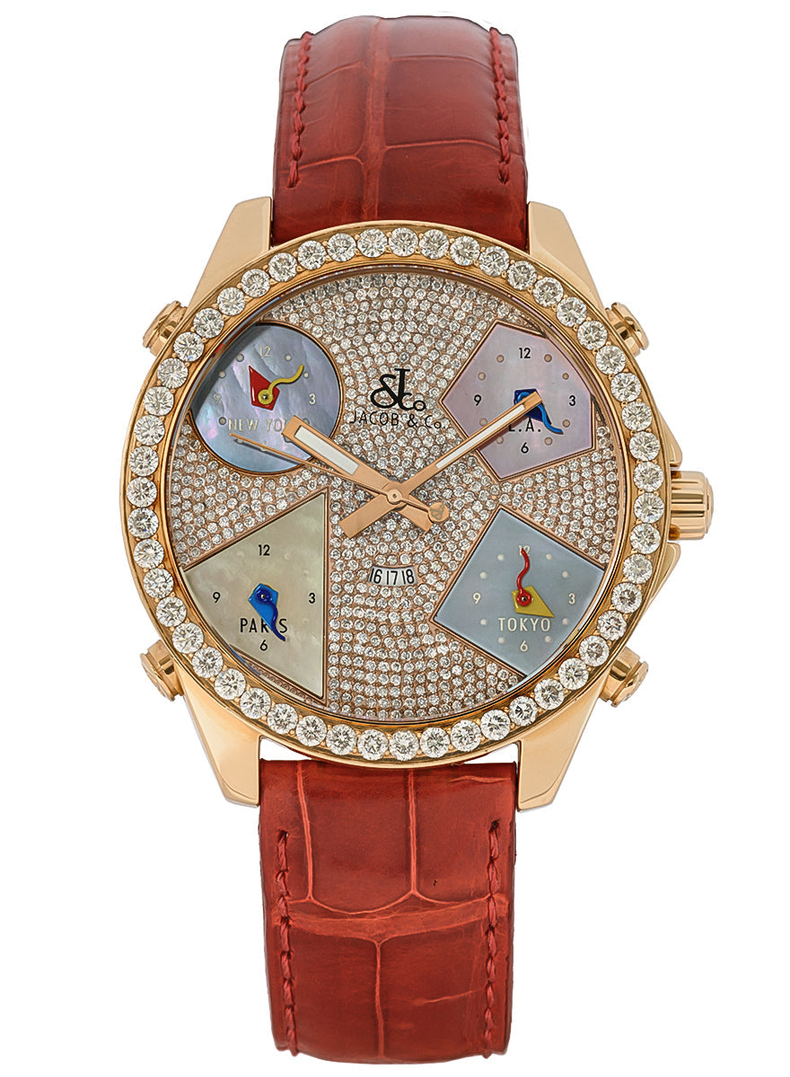 Jacob & Co Five Time Zone 18K Rose Gold & Diamonds Unisex Watch - Premium Luxury Product