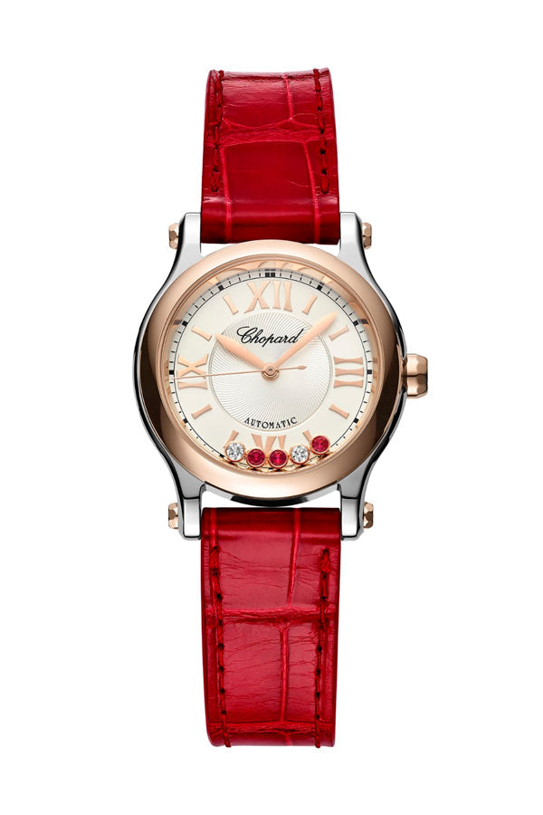 Chopard Happy Sport Stainlees steel and18K Rose Gold & Diamonds and RUBIES Ladies Watch - Premium Luxury Product