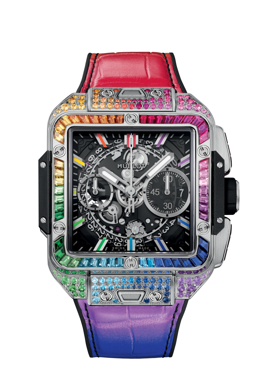 Hublot Square Bang Chronograph Unico Titanium & 18K White Gold & Colored Gemstones Rainbow Men's Watch - Premium Luxury Product