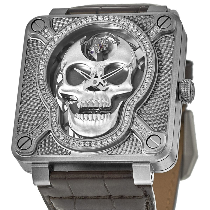 Bell & Ross Instruments BR 01 Laughing Skull Light Stainless Steel & Diamond Mens Watch - Premium Luxury Product