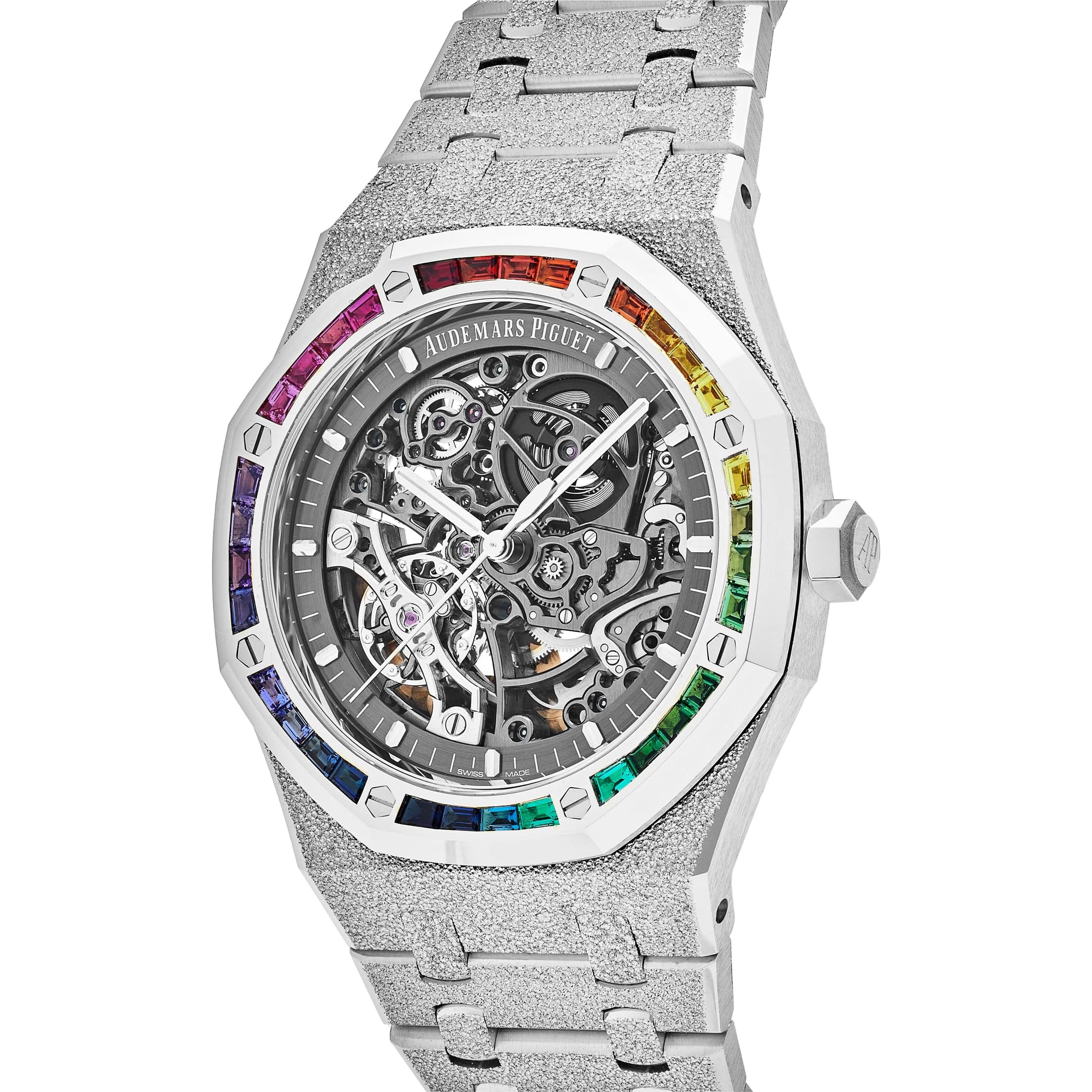 Audemars Piguet Royal Oak 15412BC.YG.1224BC.03 Double Balance Wheel Rainbow Bezel Frosted White Gold - Premium Luxury Product