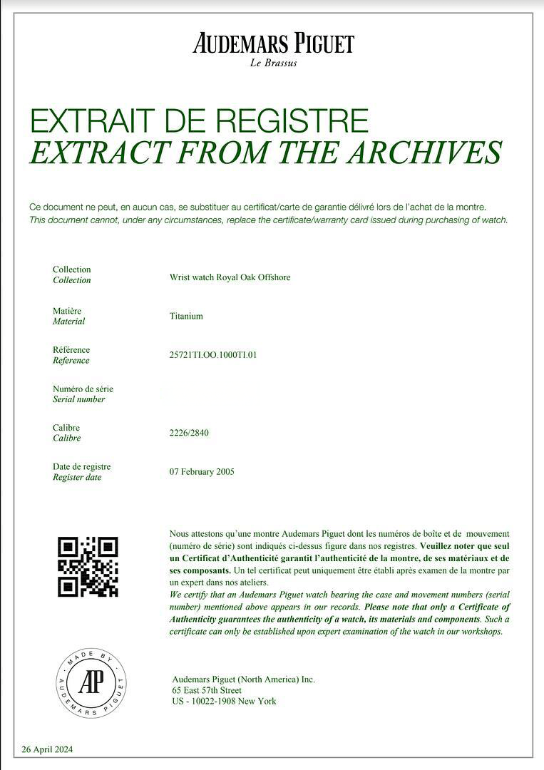 Audemars Piguet Royal Oak Offshore 25721TI.OO.1000TI.01 Chronograph Titanium - Premium Luxury Product