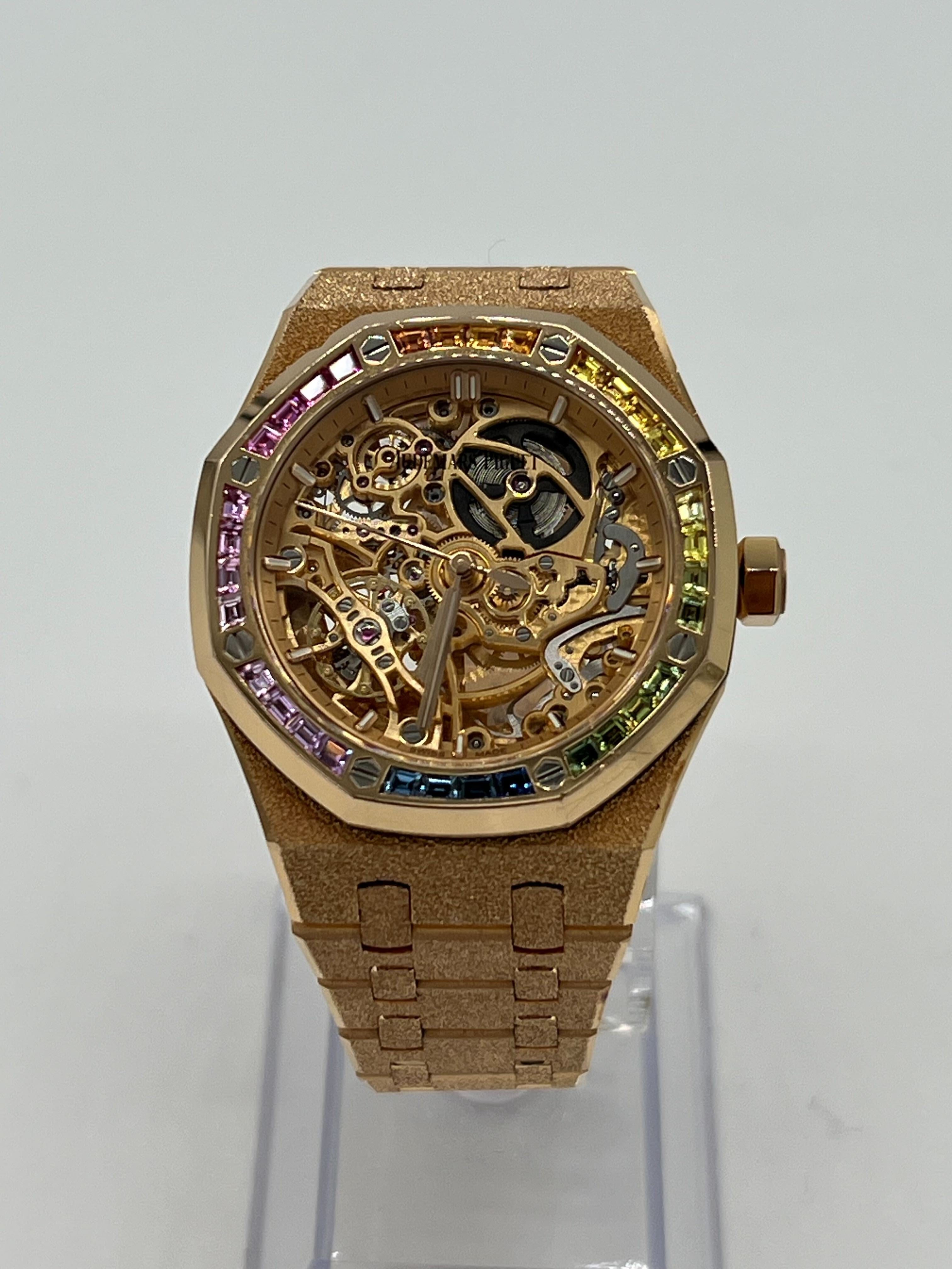 Audemars Piguet Royal Oak 15468OR.YG.1259OR.01 Openworked Frosted Rose Gold Rainbow Bezel - Premium Luxury Product