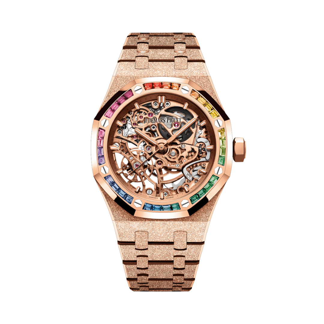Audemars Piguet Royal Oak 15468OR.YG.1259OR.01 Openworked Frosted Rose Gold Rainbow Bezel - Premium Luxury Product