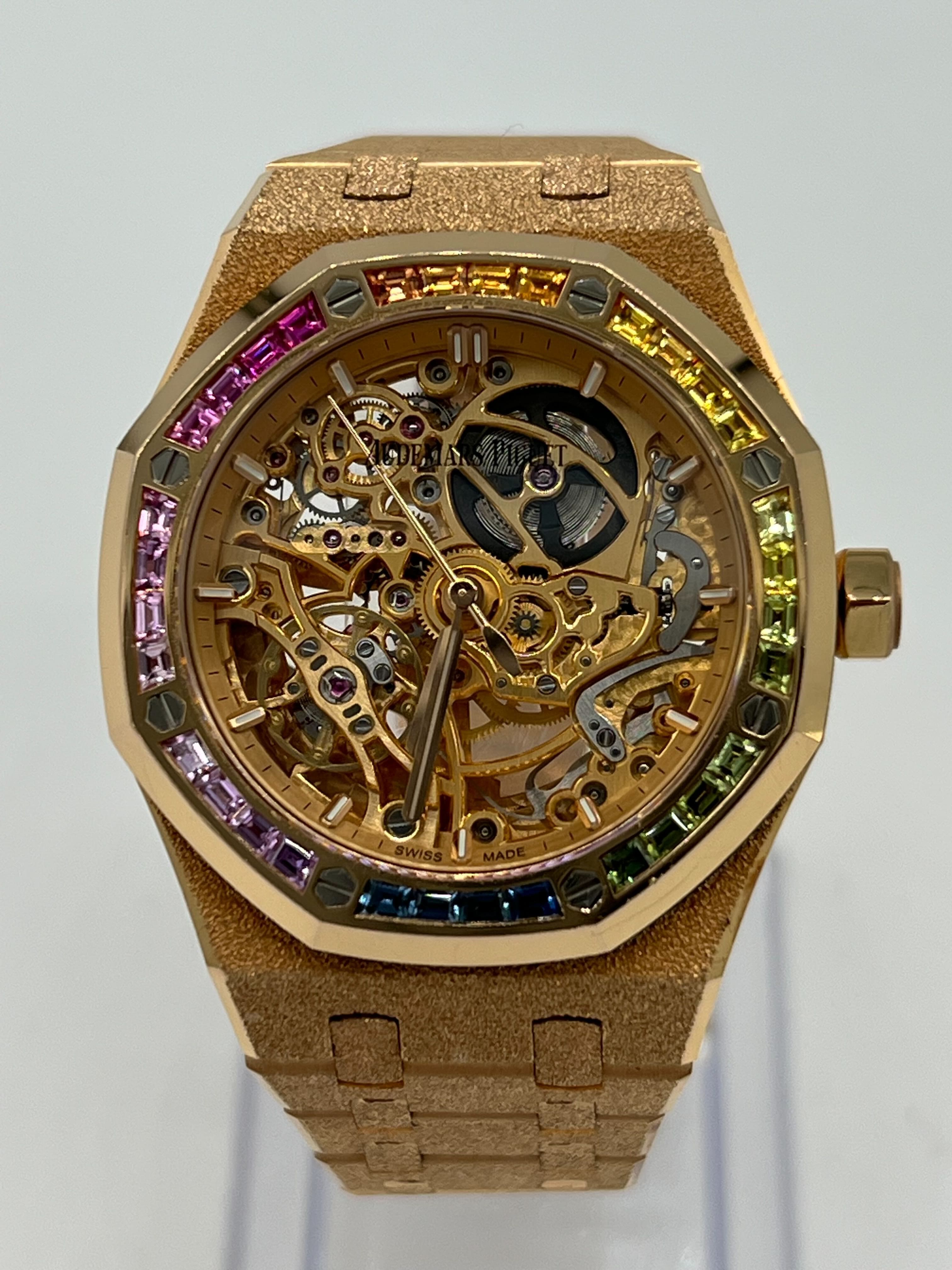 Audemars Piguet Royal Oak 15468OR.YG.1259OR.01 Openworked Frosted Rose Gold Rainbow Bezel - Premium Luxury Product