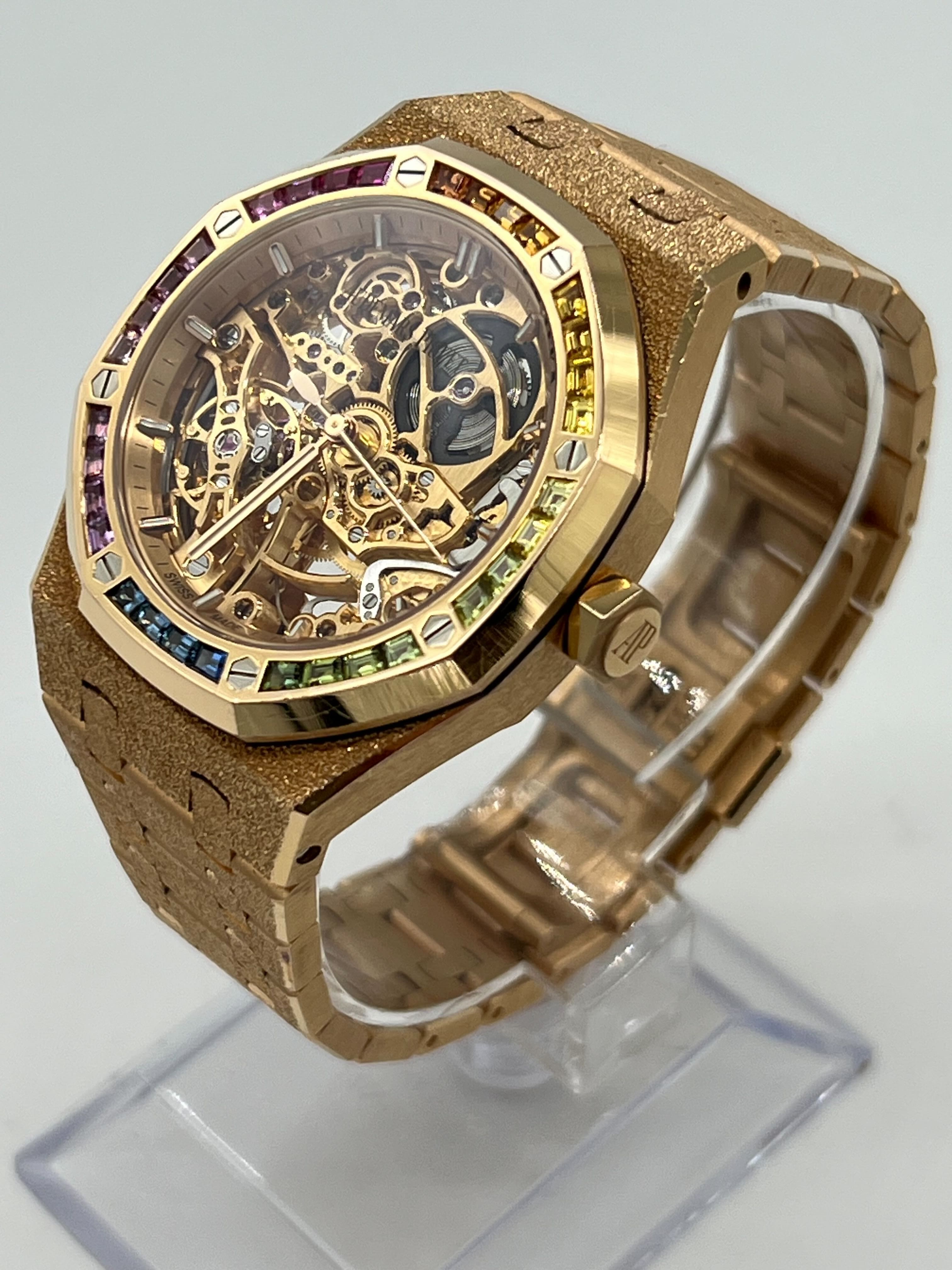 Audemars Piguet Royal Oak 15468OR.YG.1259OR.01 Openworked Frosted Rose Gold Rainbow Bezel - Premium Luxury Product