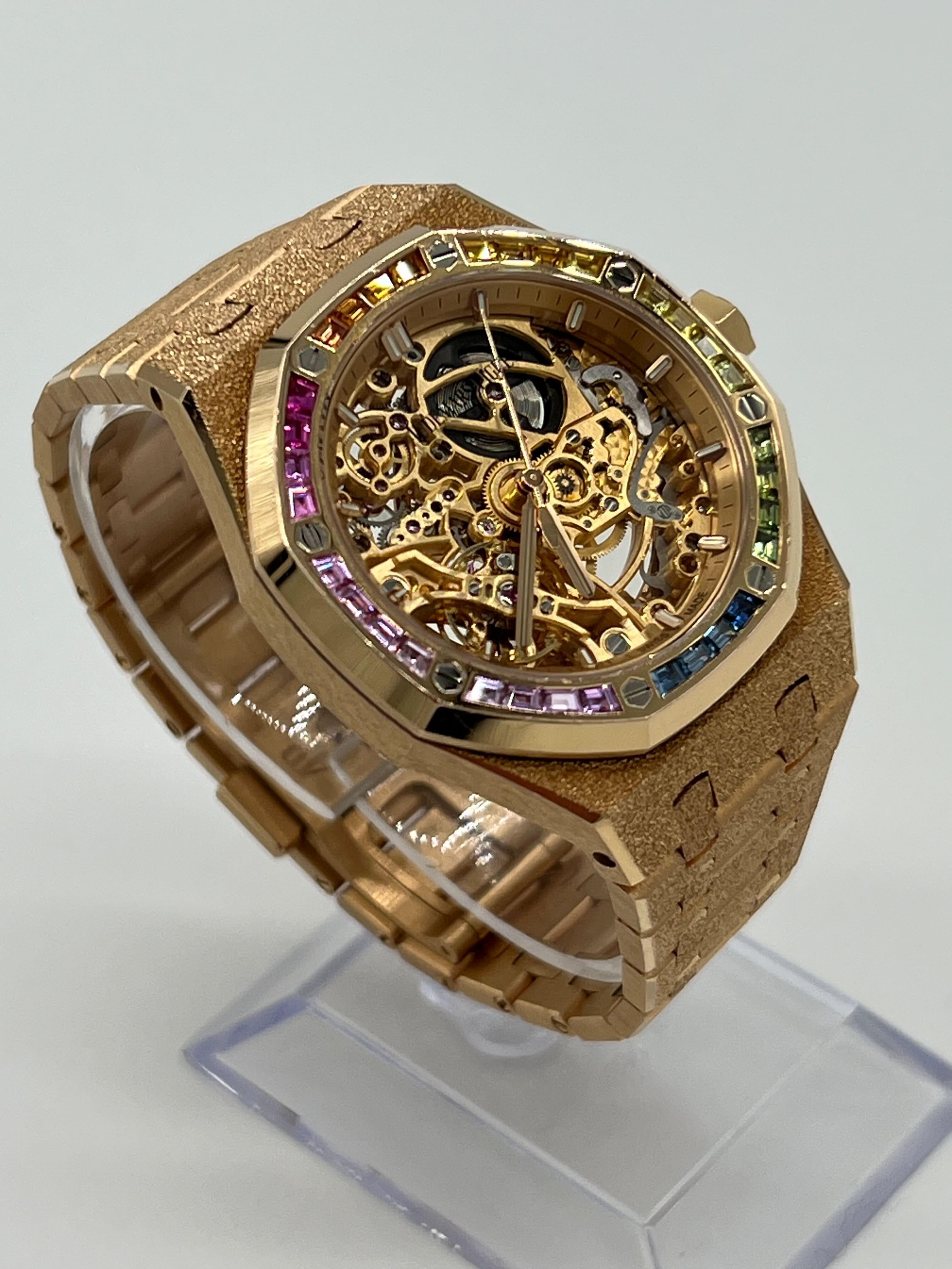 Audemars Piguet Royal Oak 15468OR.YG.1259OR.01 Openworked Frosted Rose Gold Rainbow Bezel - Premium Luxury Product