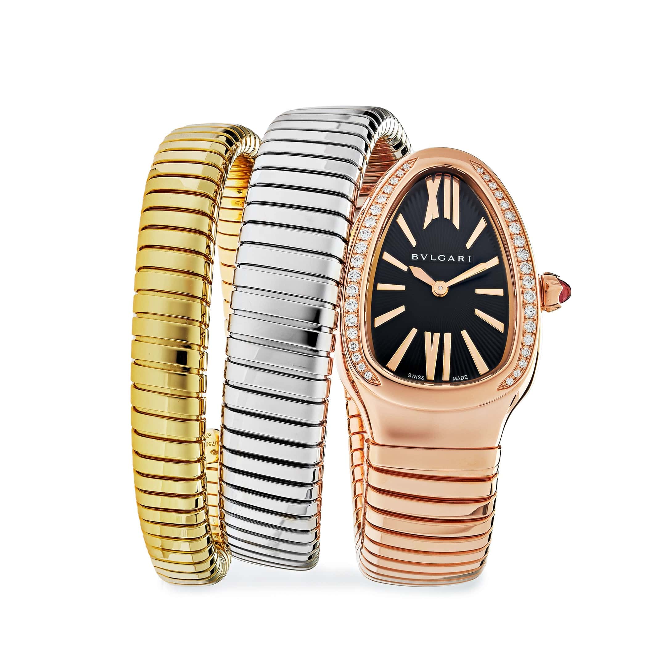 BVLGARI Serpenti Tubogas Watch 102948 Three-Tone Double Spiral Diamond Bezel - Premium Luxury Product