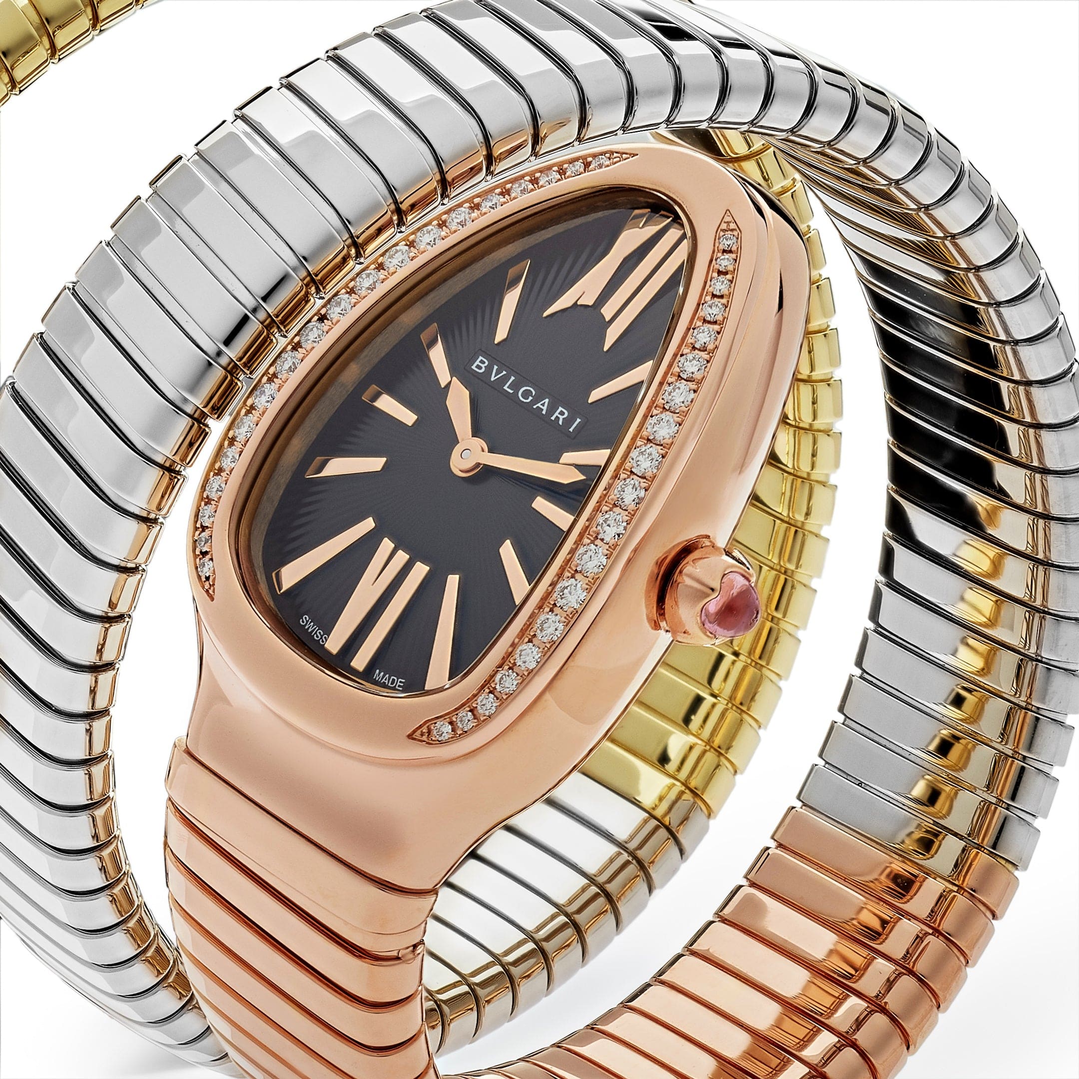 BVLGARI Serpenti Tubogas Watch 102948 Three-Tone Double Spiral Diamond Bezel - Premium Luxury Product
