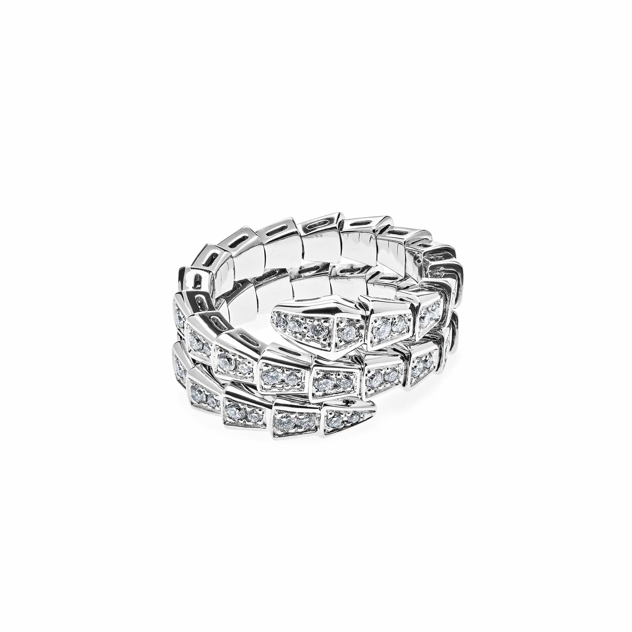 BVLGARI Serpenti Viper Thin Two-Coil Ring White Gold Full Pavé Diamond Set 357259 - Premium Luxury Product