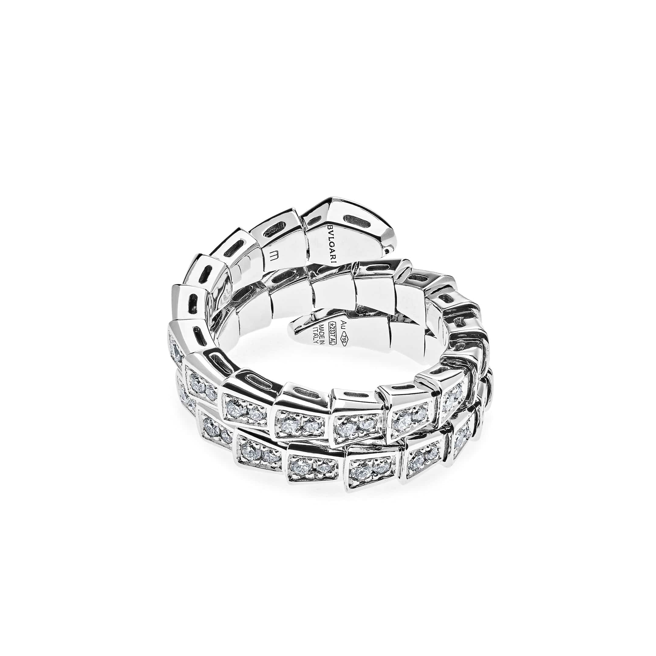 BVLGARI Serpenti Viper Thin Two-Coil Ring White Gold Full Pavé Diamond Set 357259 - Premium Luxury Product