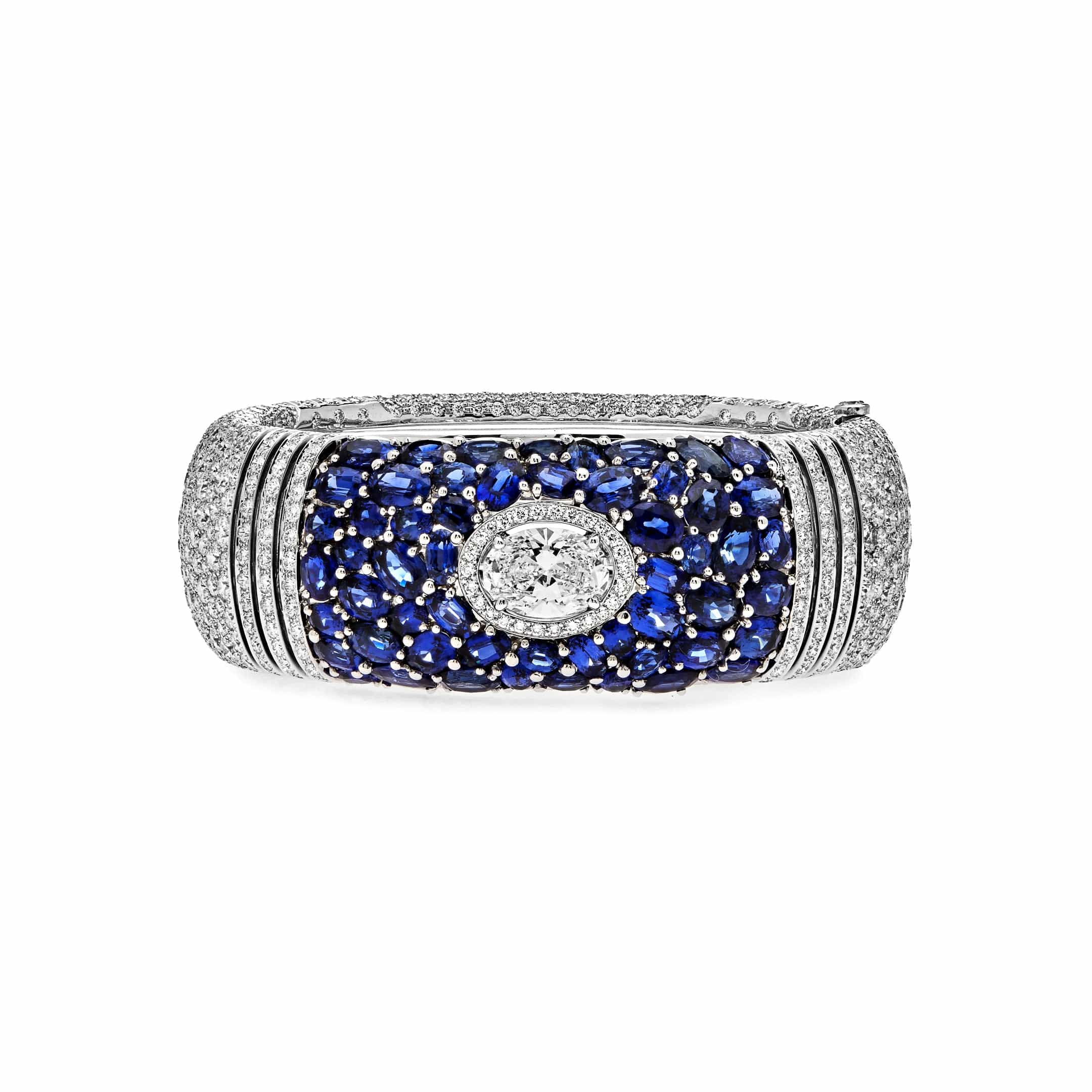 Chanel Oval Diamond and Sapphire White Gold Cuff Bangle J62577 - Premium Luxury Product