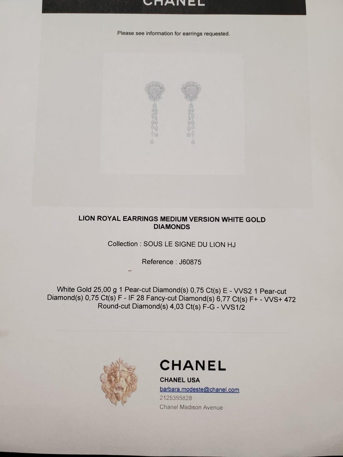 Chanel Lion Royal Earrings in White Gold and Diamonds J60875 - Premium Luxury Product