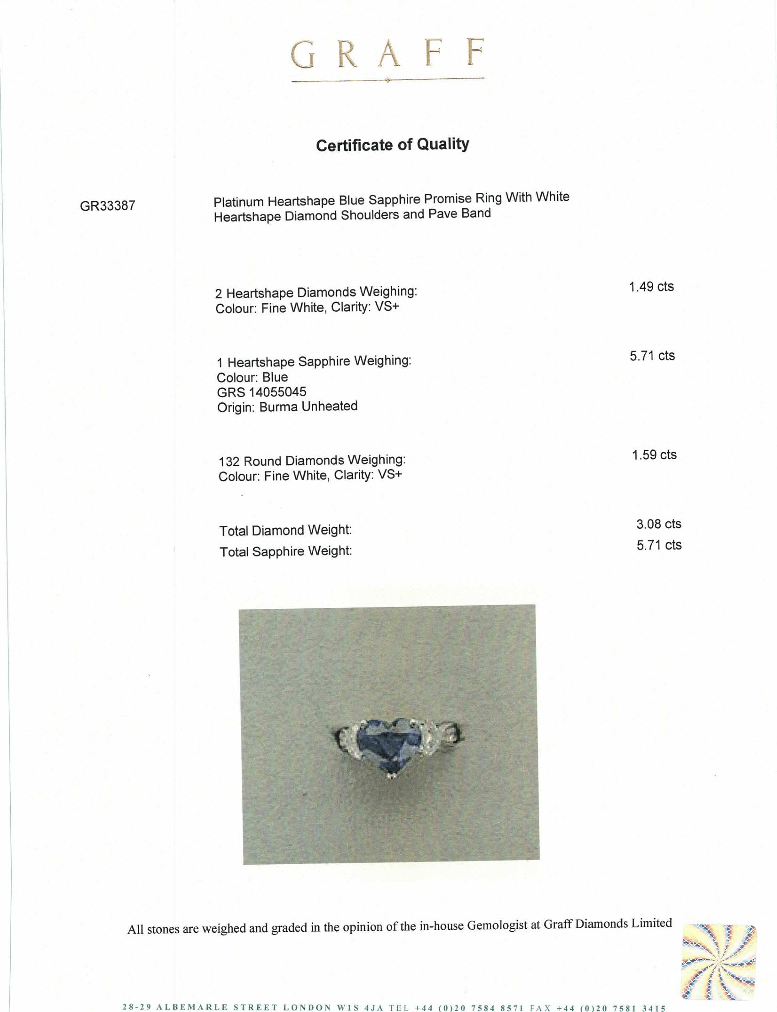 Graff Sapphire and Diamond Heart Ring in Platinum - Premium Luxury Product