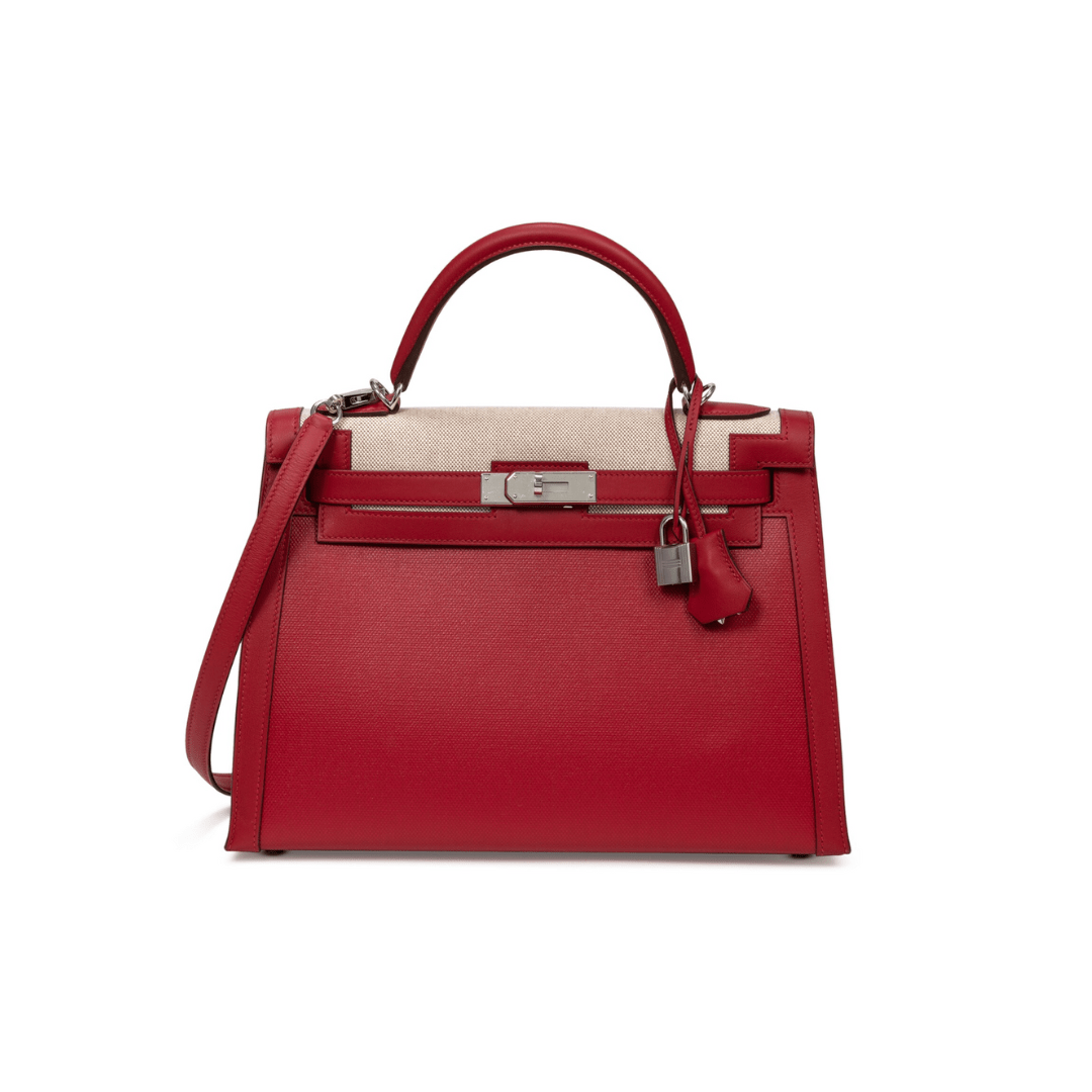 Hermès Kelly 32 Sellier Rouge Piment Swift and Toile Berline Palladium Hardware