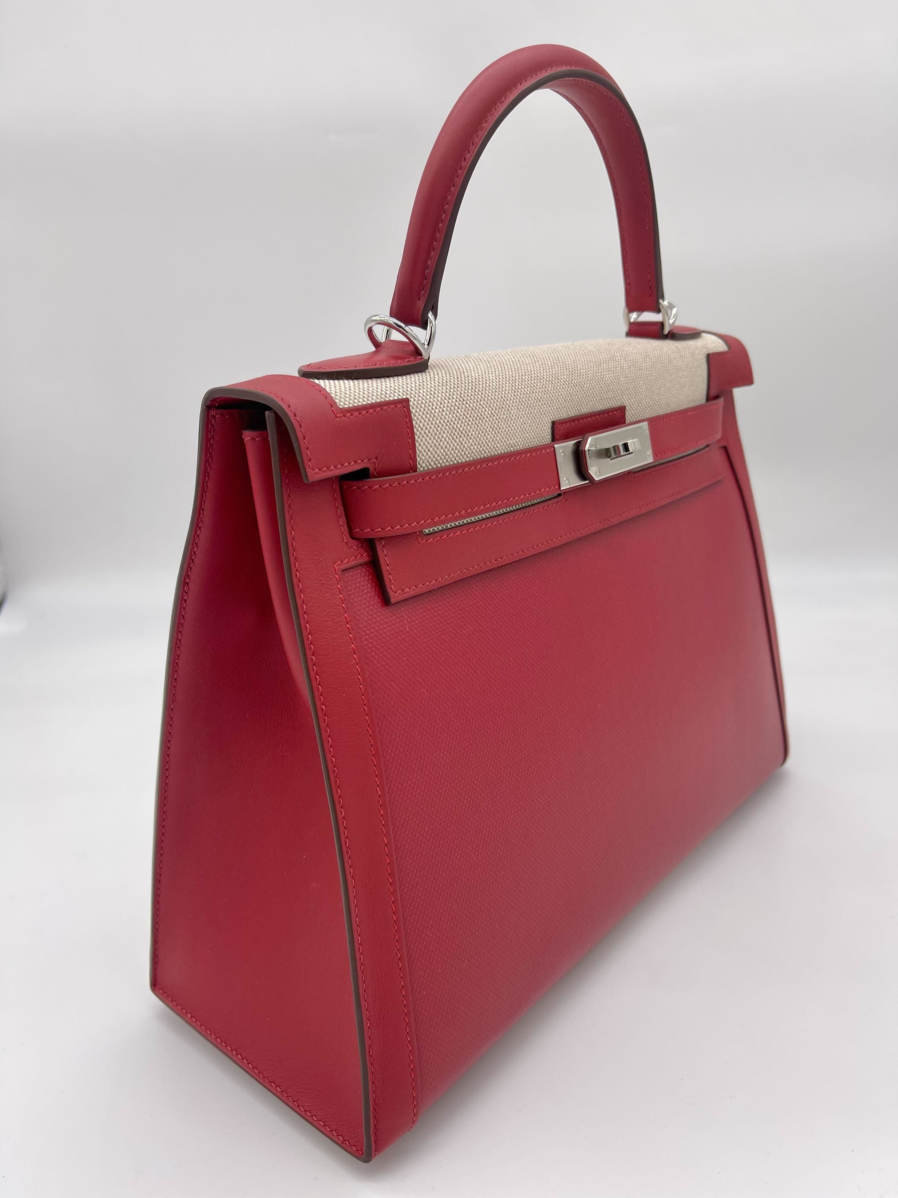 Hermès Kelly 32 Sellier Rouge Piment Swift and Toile Berline Palladium Hardware