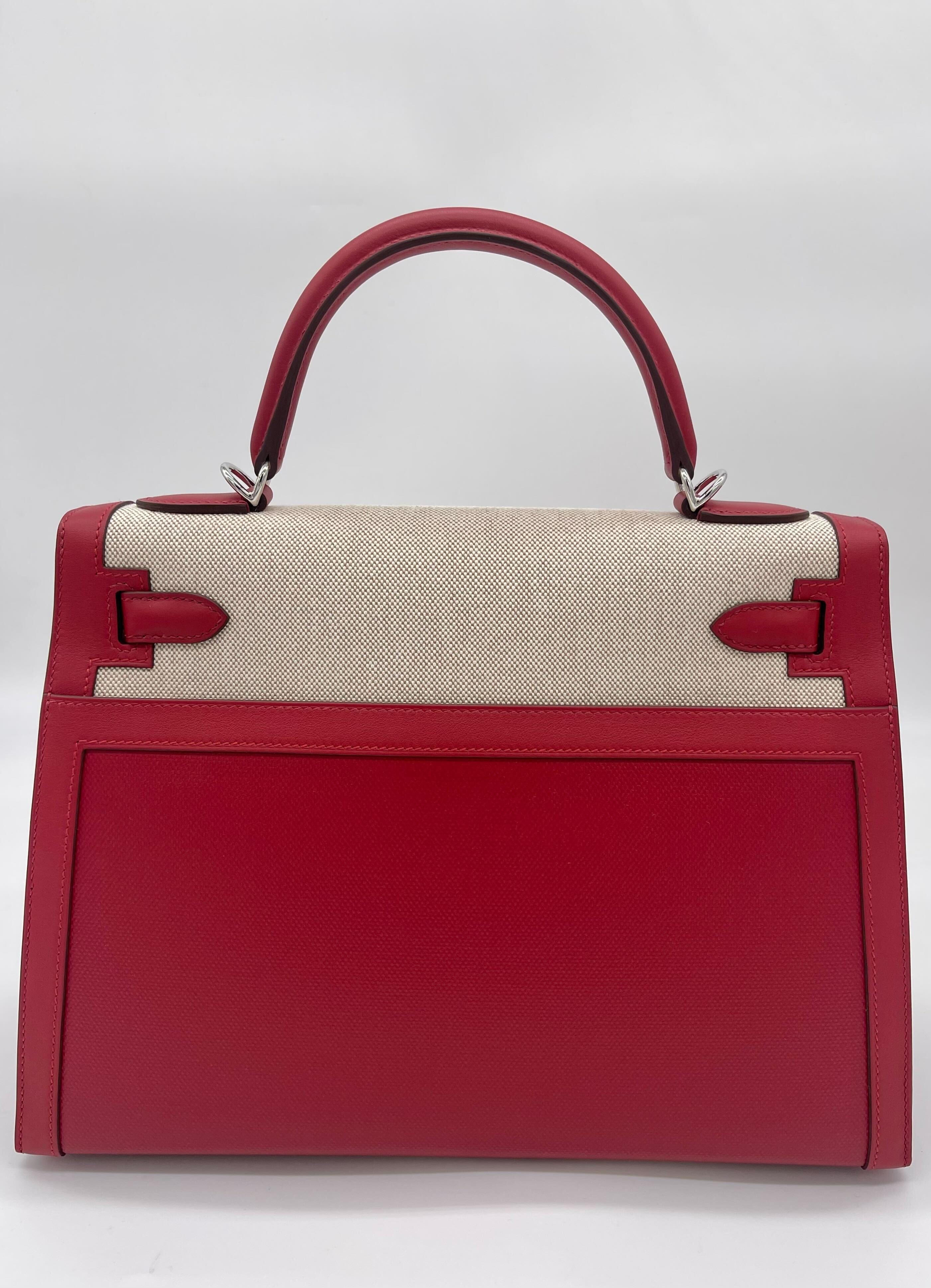 Hermès Kelly 32 Sellier Rouge Piment Swift and Toile Berline Palladium Hardware