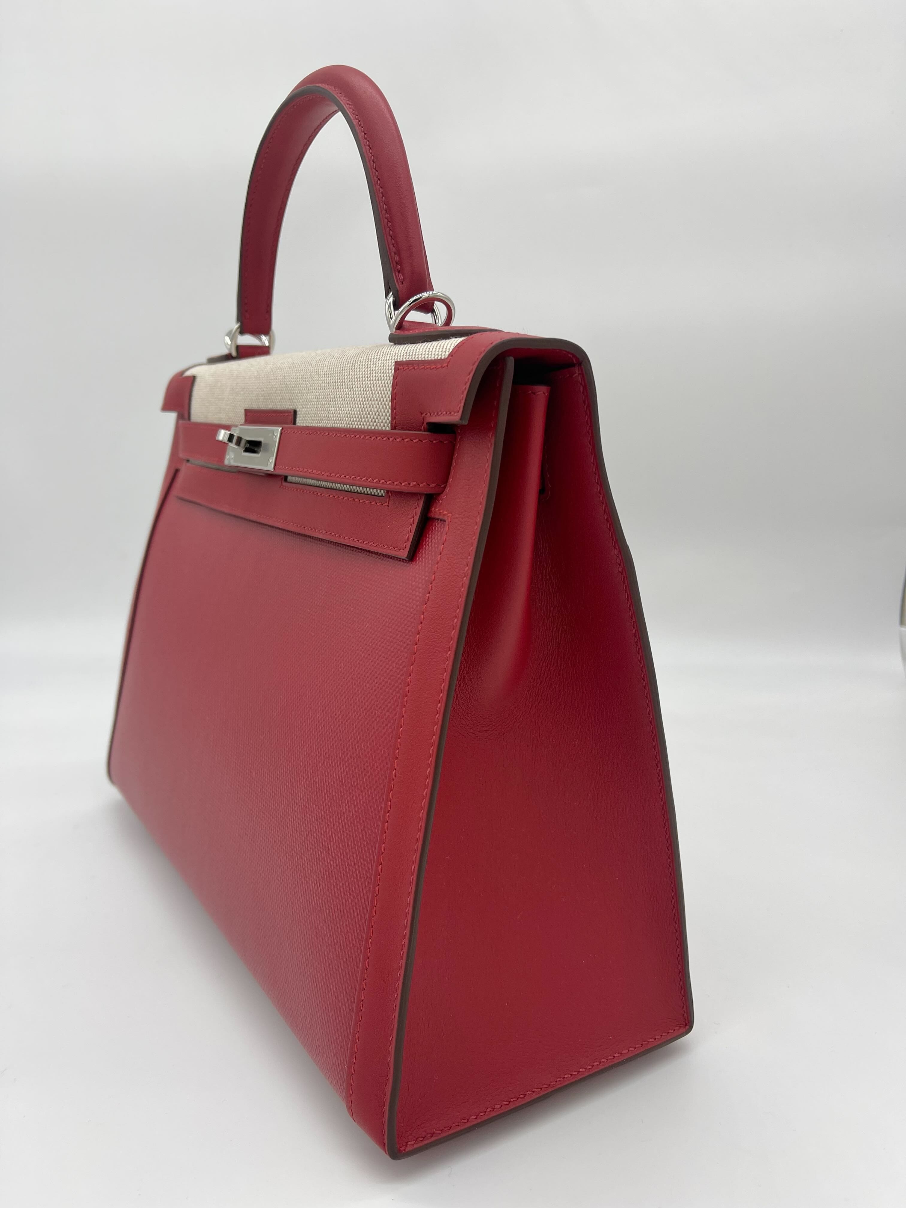 Hermès Kelly 32 Sellier Rouge Piment Swift and Toile Berline Palladium Hardware