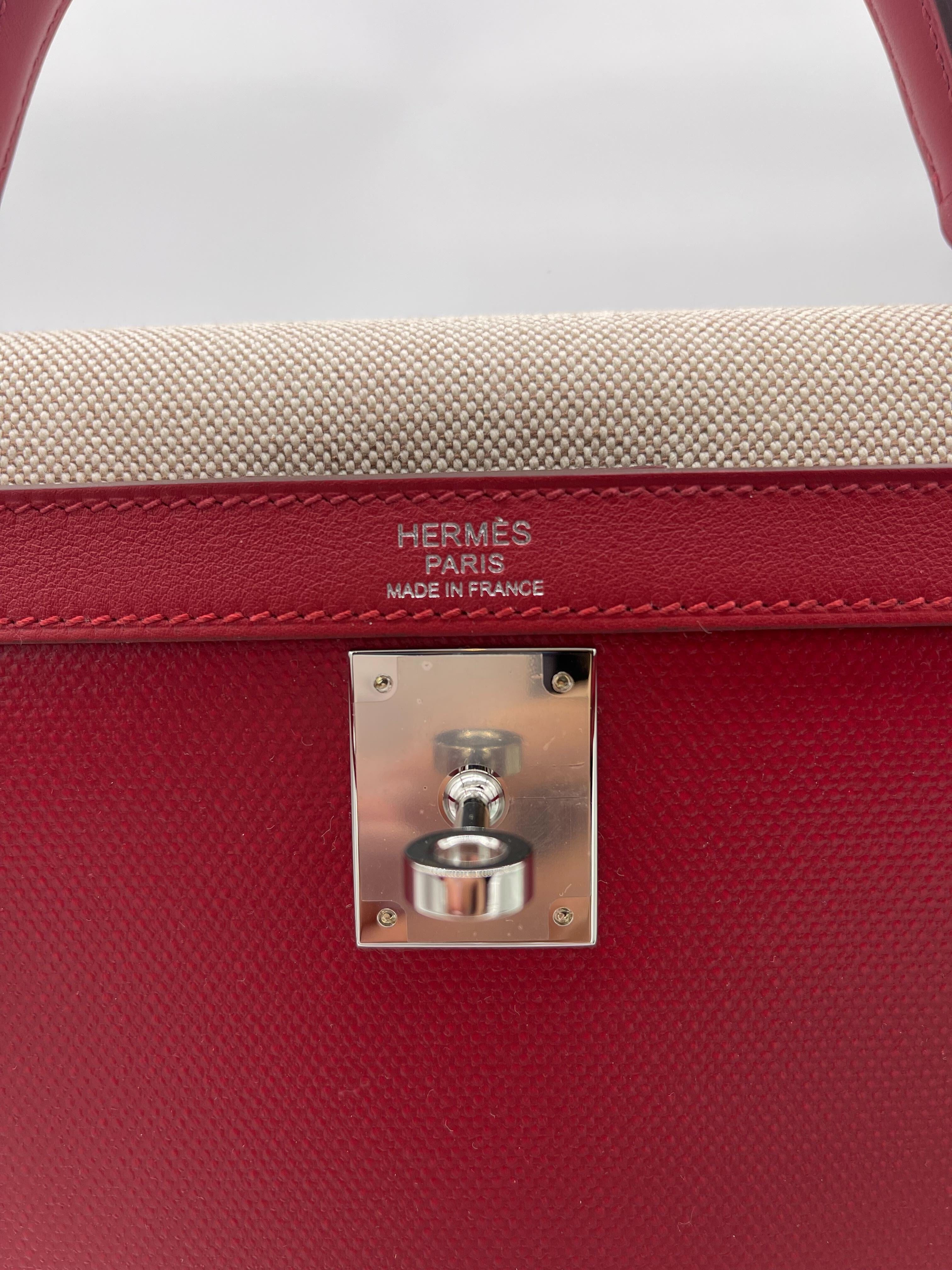 Hermès Kelly 32 Sellier Rouge Piment Swift and Toile Berline Palladium Hardware
