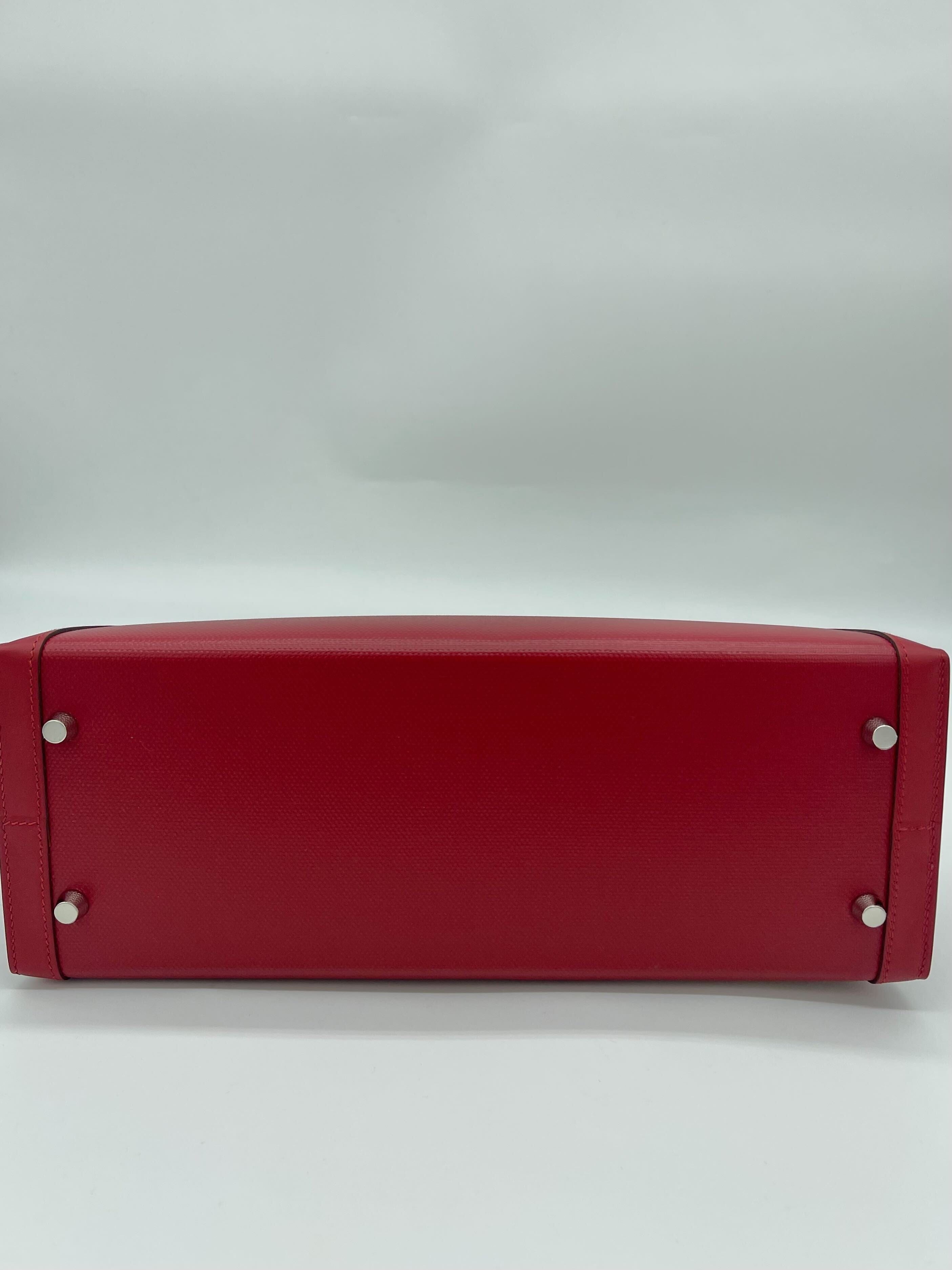 Hermès Kelly 32 Sellier Rouge Piment Swift and Toile Berline Palladium Hardware