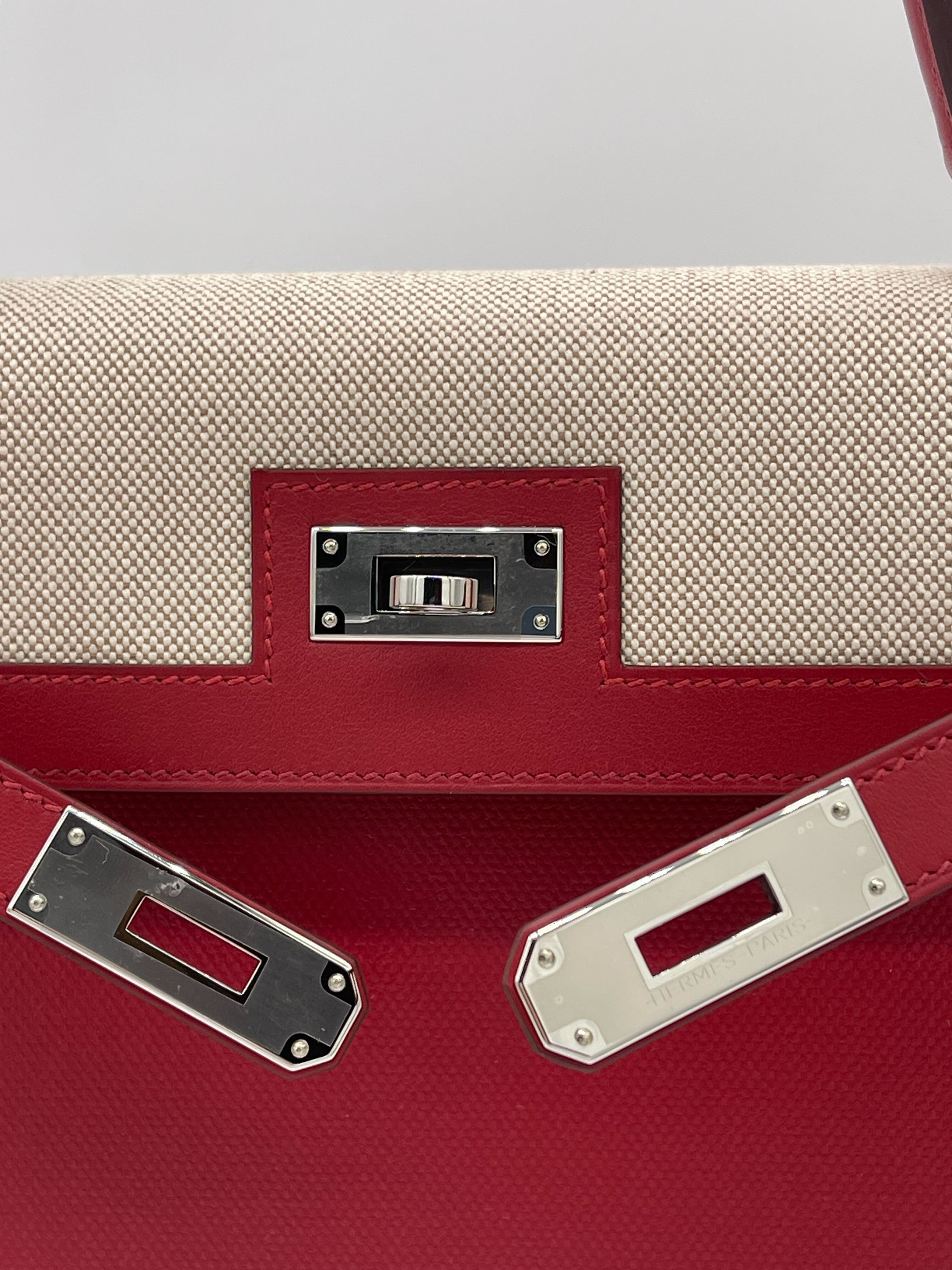 Hermès Kelly 32 Sellier Rouge Piment Swift and Toile Berline Palladium Hardware
