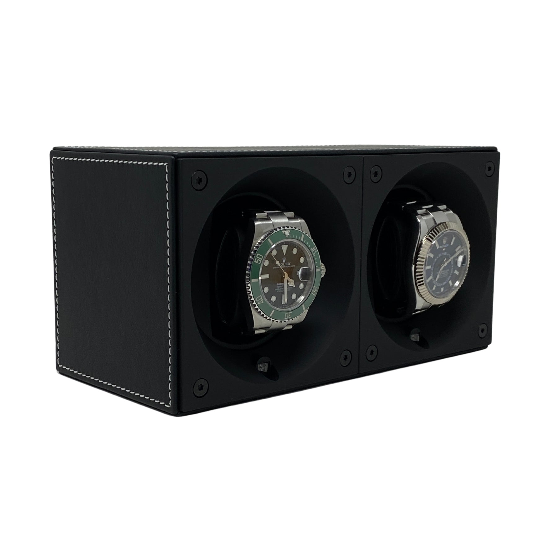 Masterbox Double Black Leather Watch Winder with White Stitching (2 Watches)