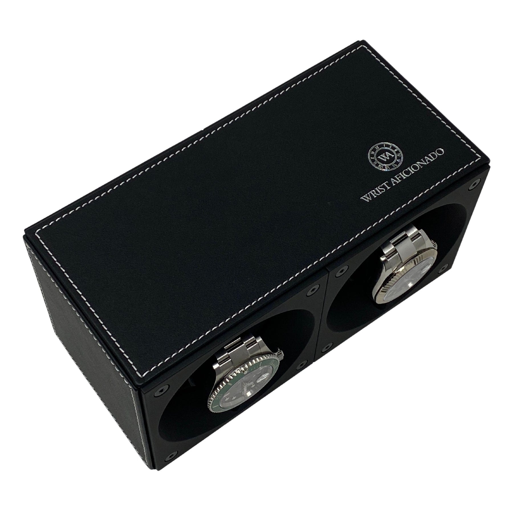 Masterbox Double Black Leather Watch Winder with White Stitching (2 Watches)