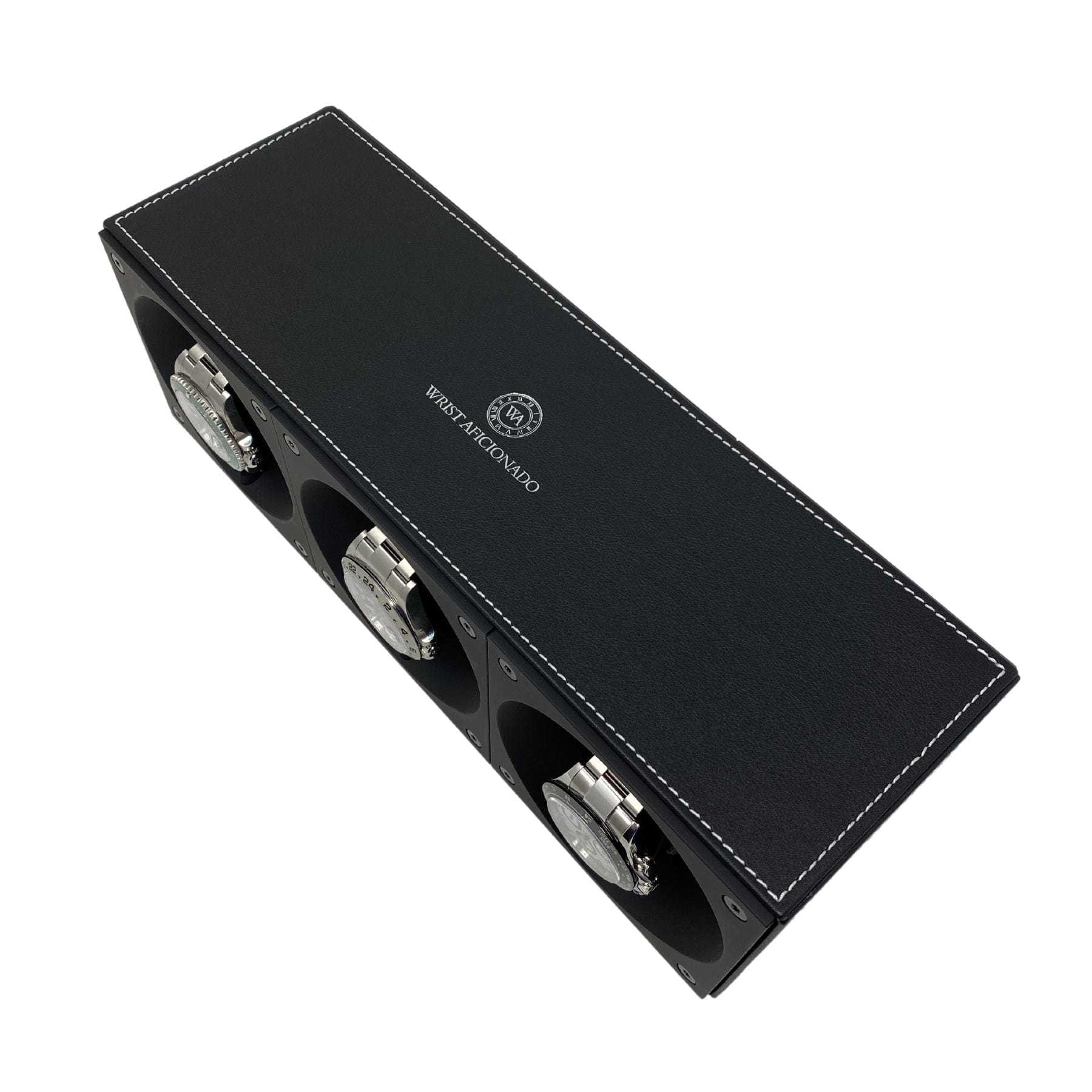 Masterbox Triple Black Leather Watch Winder with White Stitching (3 Watches)