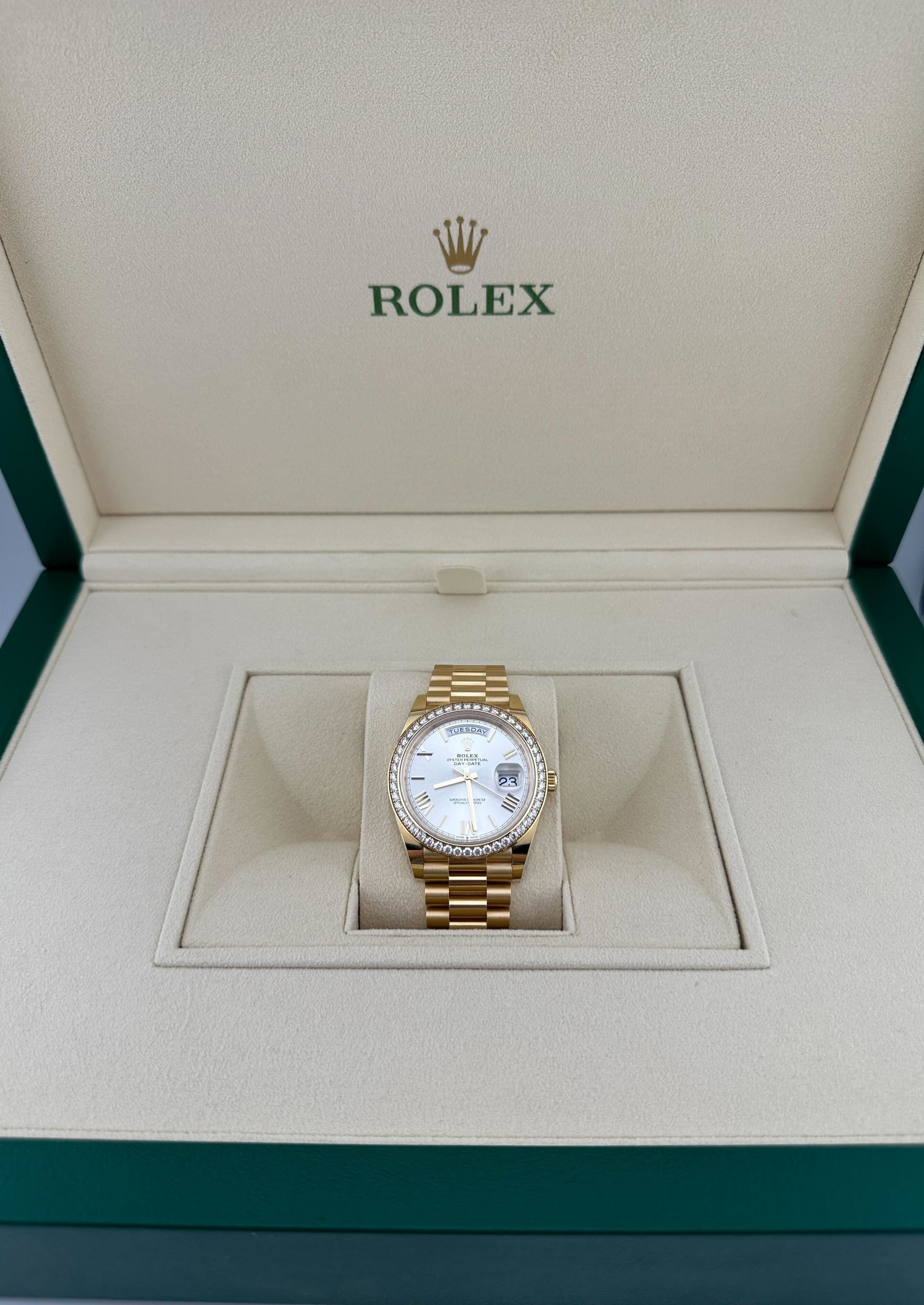 Rolex Day-Date 228348RBR Yellow Gold Diamond Bezel Silver Dial (2021)