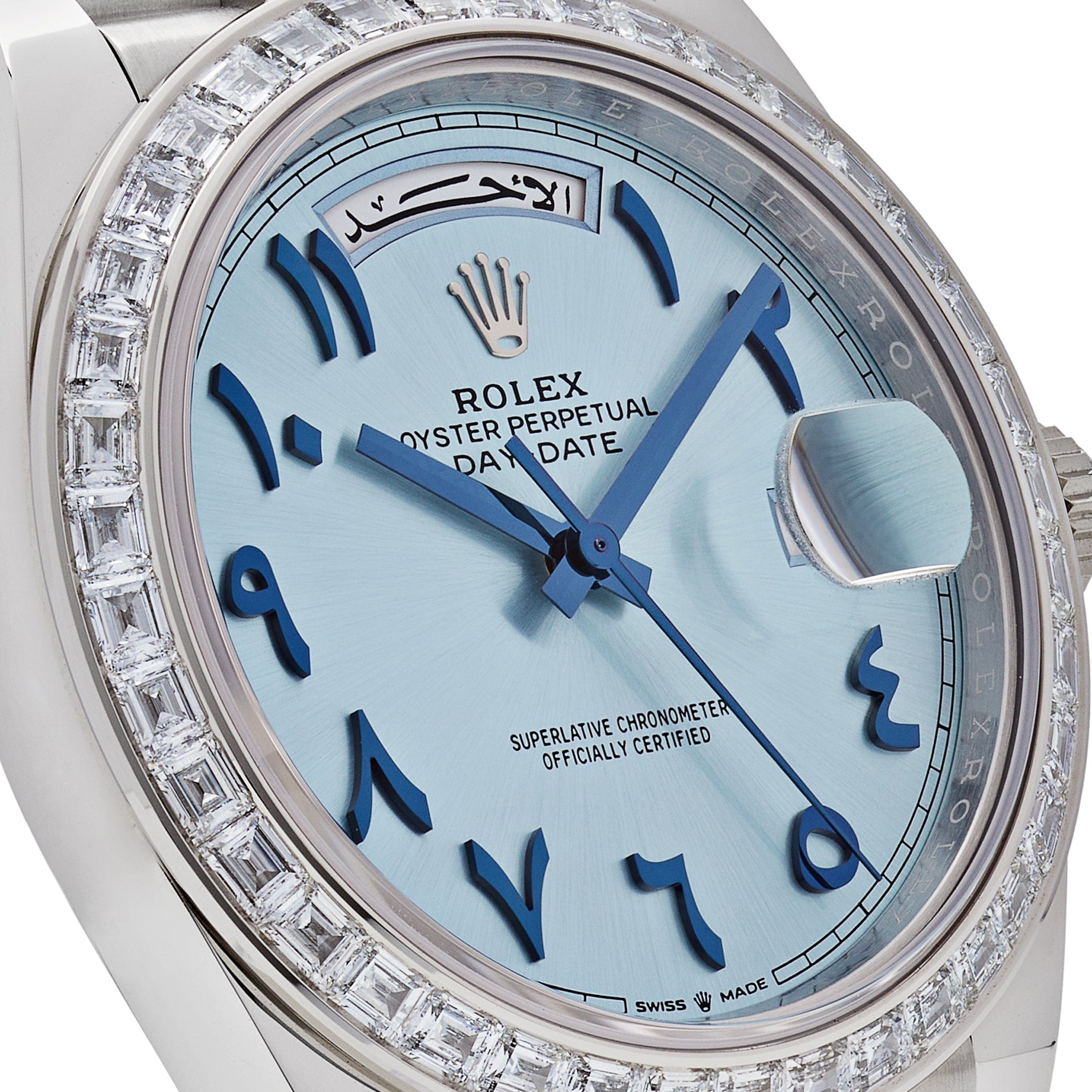 Rolex Day-Date 228396TBR Platinum Ice Blue Arabic Dial Diamond Bezel