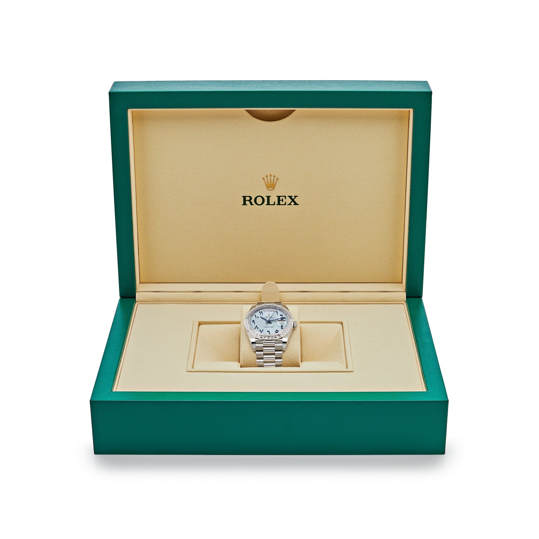 Rolex Day-Date 228396TBR Platinum Ice Blue Arabic Dial Diamond Bezel