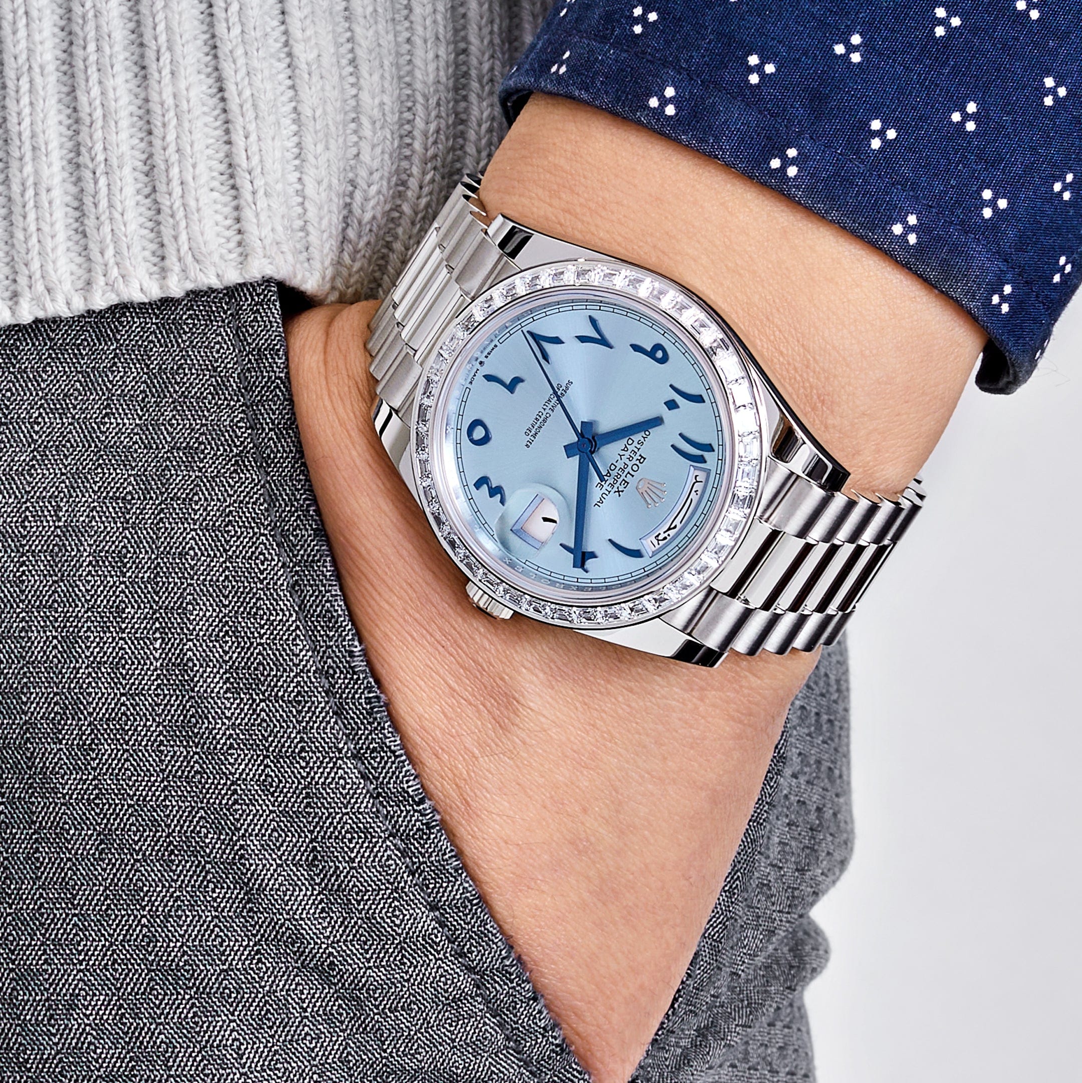 Rolex Day-Date 228396TBR Platinum Ice Blue Arabic Dial Diamond Bezel