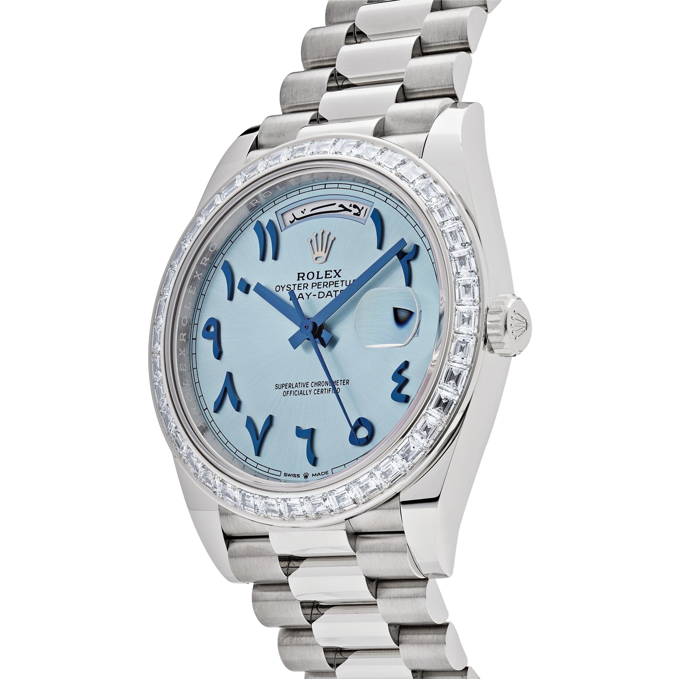 Rolex Day-Date 228396TBR Platinum Ice Blue Arabic Dial Diamond Bezel
