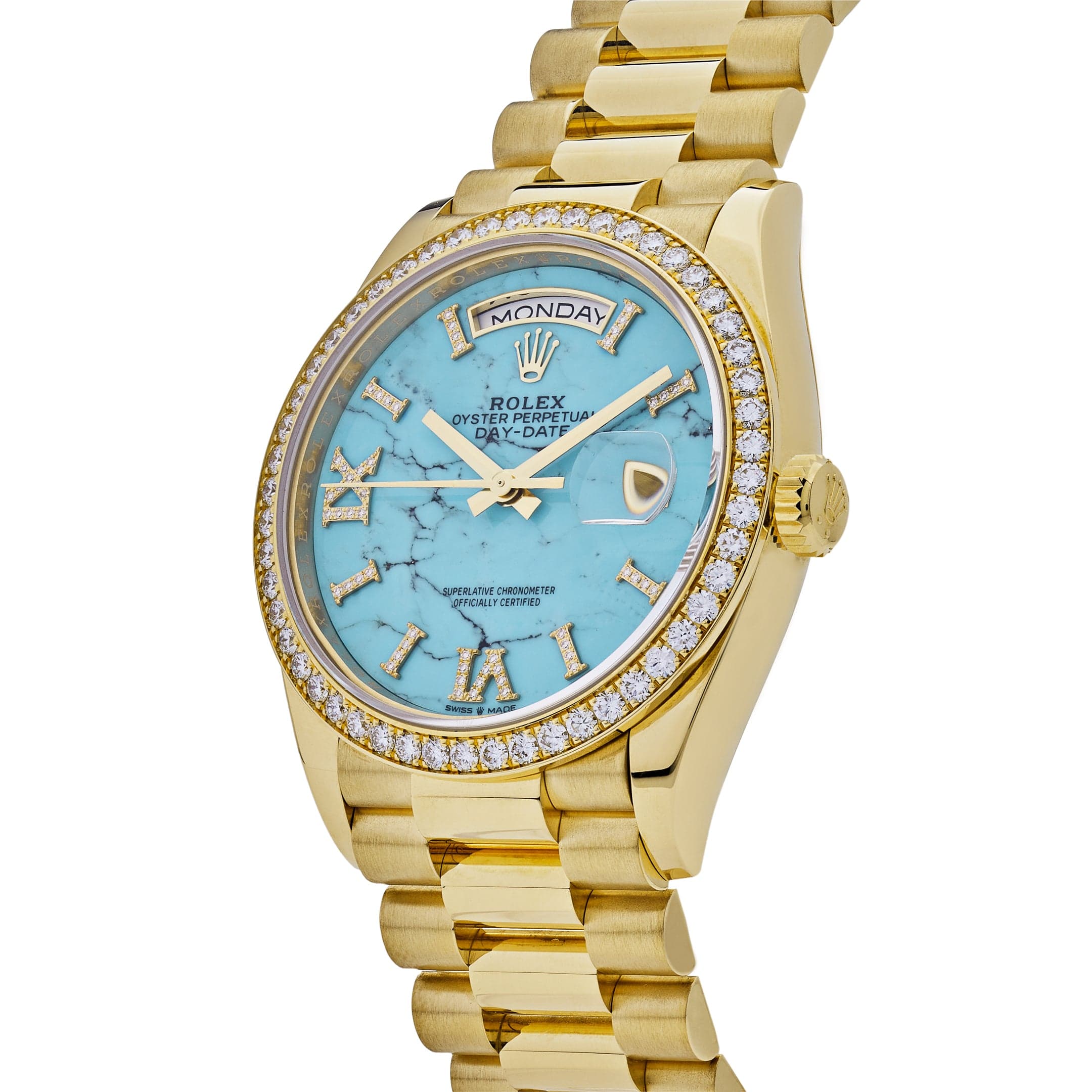 Rolex Day-Date 128348RBR Yellow Gold Diamond Bezel Turquoise Diamond Dial