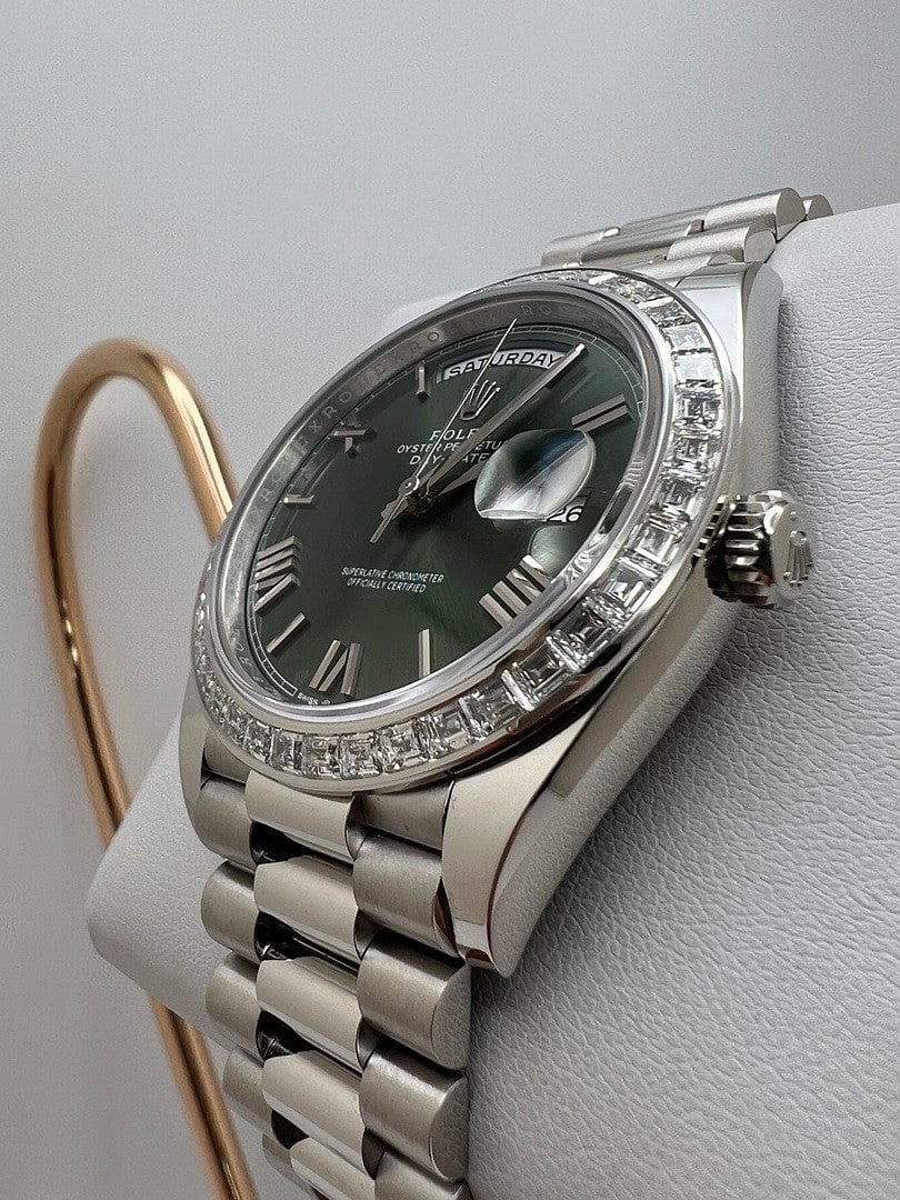 Rolex Day-Date 228396TBR Platinum Olive Green Dial Diamond Bezel