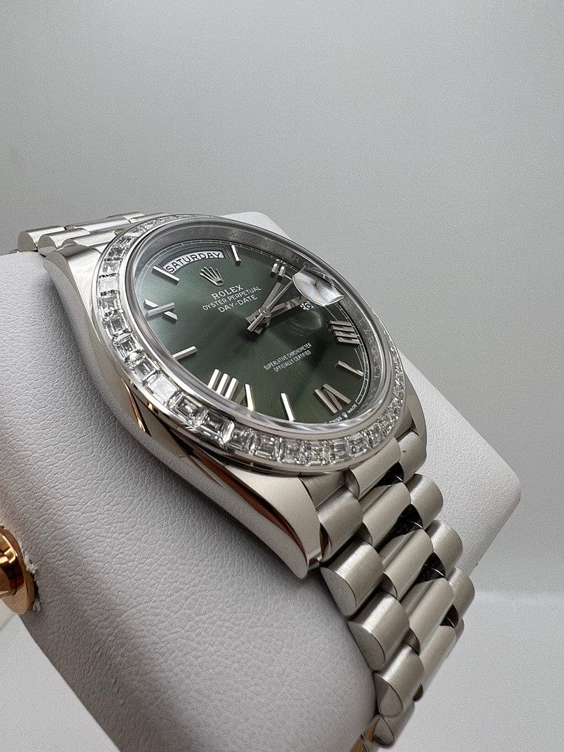 Rolex Day-Date 228396TBR Platinum Olive Green Dial Diamond Bezel