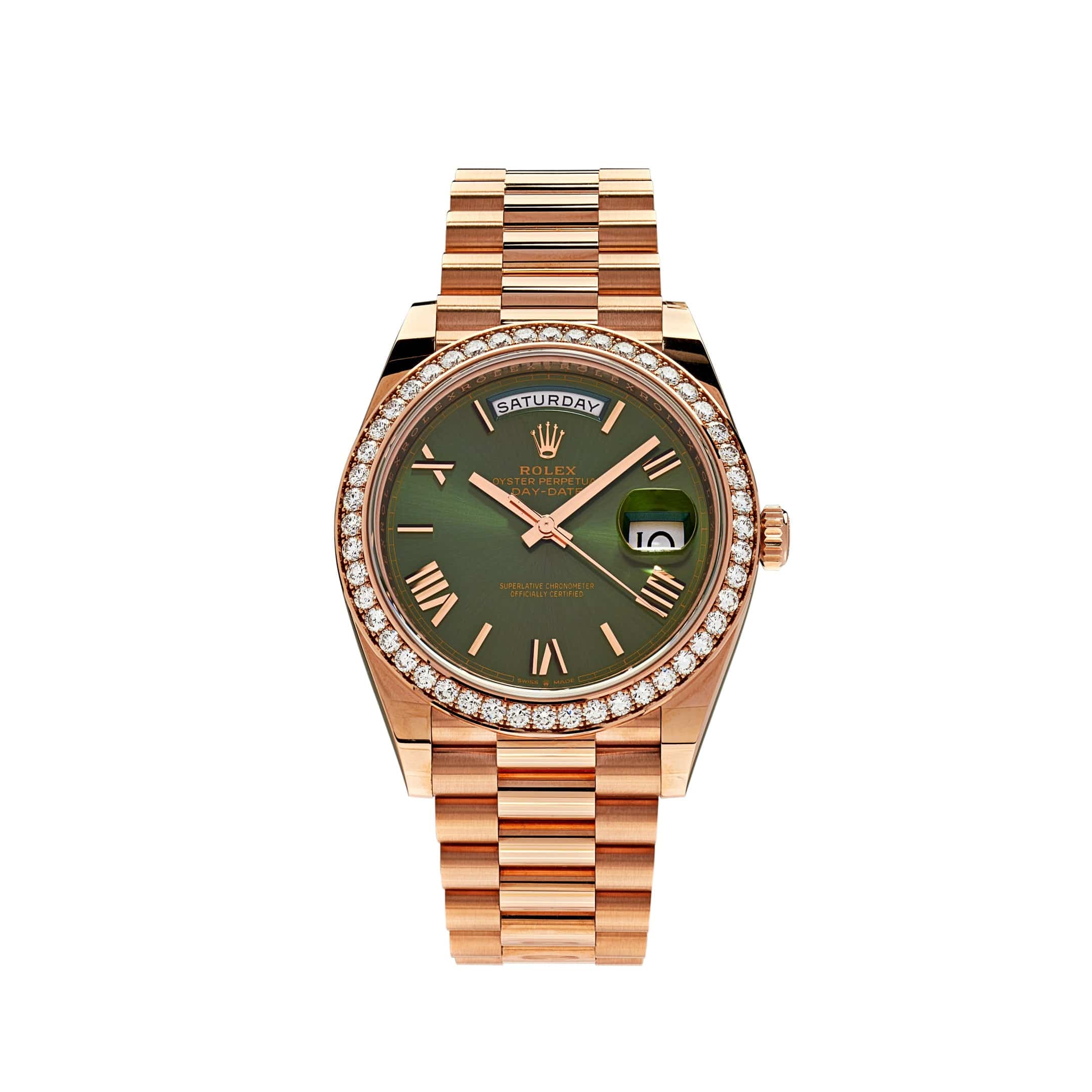 Rolex Day-Date 228345RBR Rose Gold Olive Green Dial Diamond Bezel