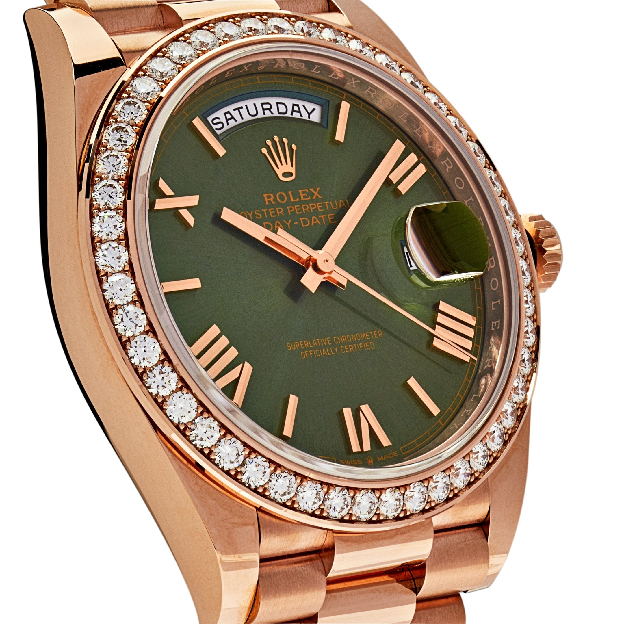 Rolex Day-Date 228345RBR Rose Gold Olive Green Dial Diamond Bezel