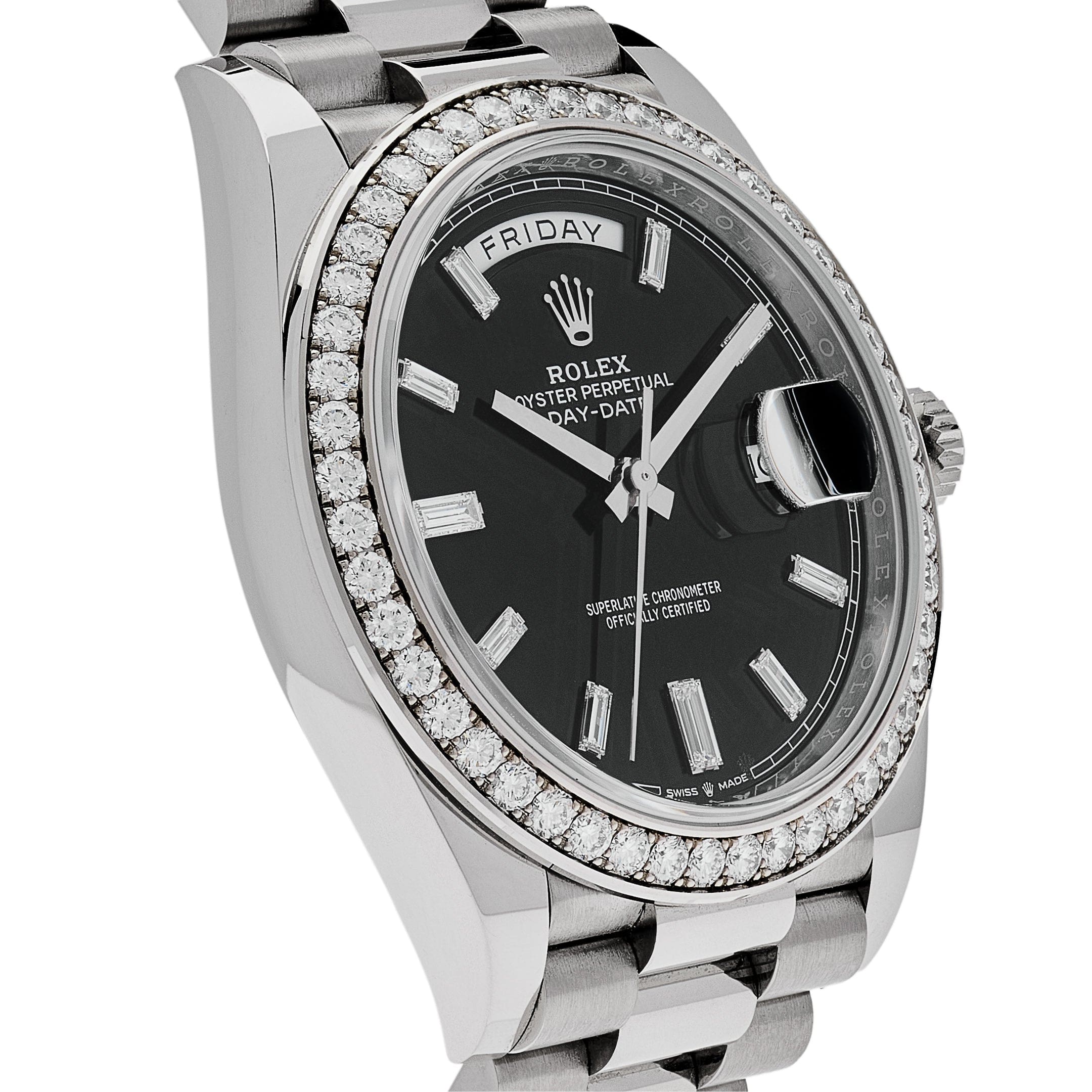 Rolex Day-Date 228349RBR White Gold Black Dial Diamond Bezel