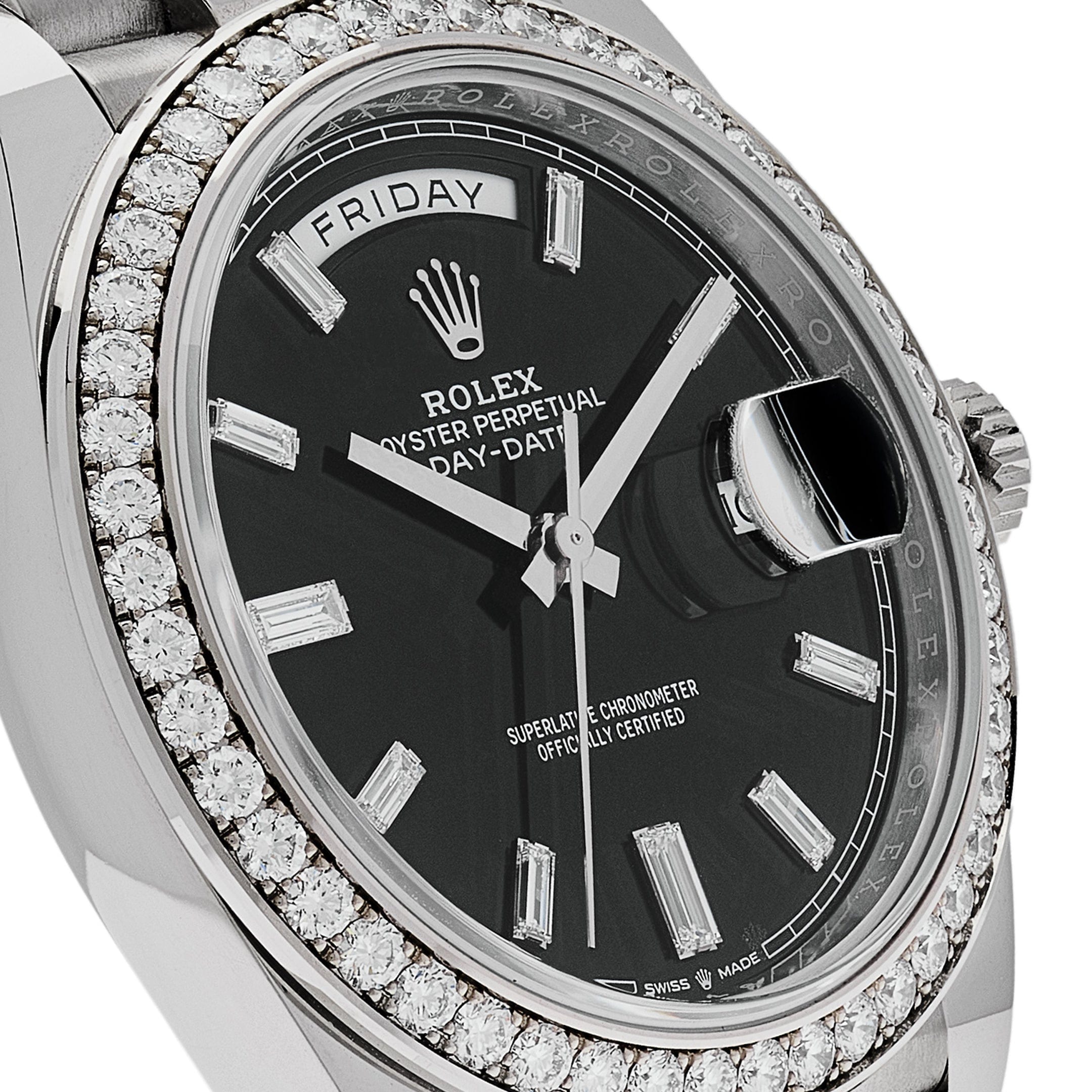 Rolex Day-Date 228349RBR White Gold Black Dial Diamond Bezel